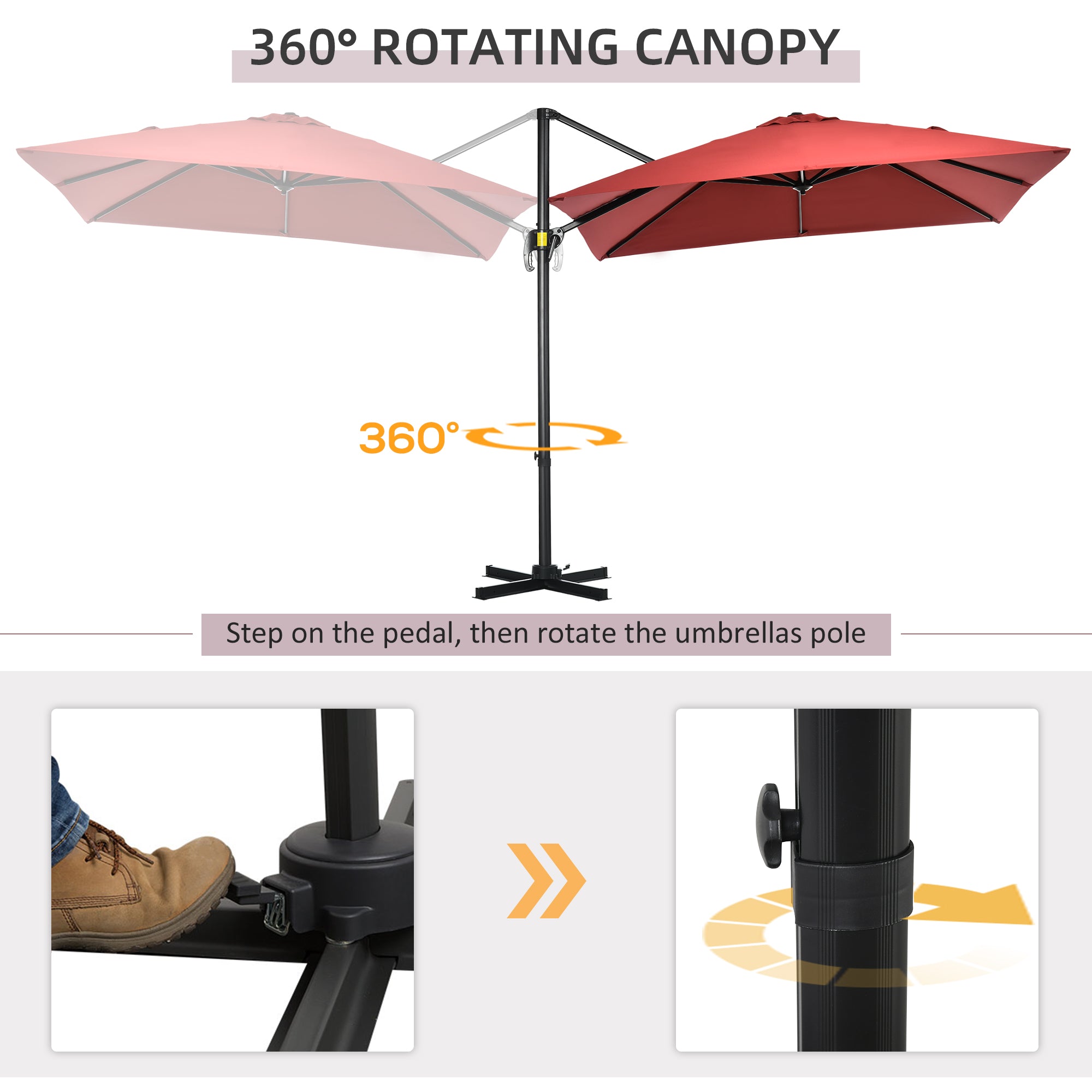 Outsunny 2.5 x 2.5m Patio Offset Parasol Umbrella Cantilever Hanging Aluminium Sun Shade Canopy Shelter 360° Rotation with Crank Handle and Cross Base, Wine Red - North Peak Garden Furniture