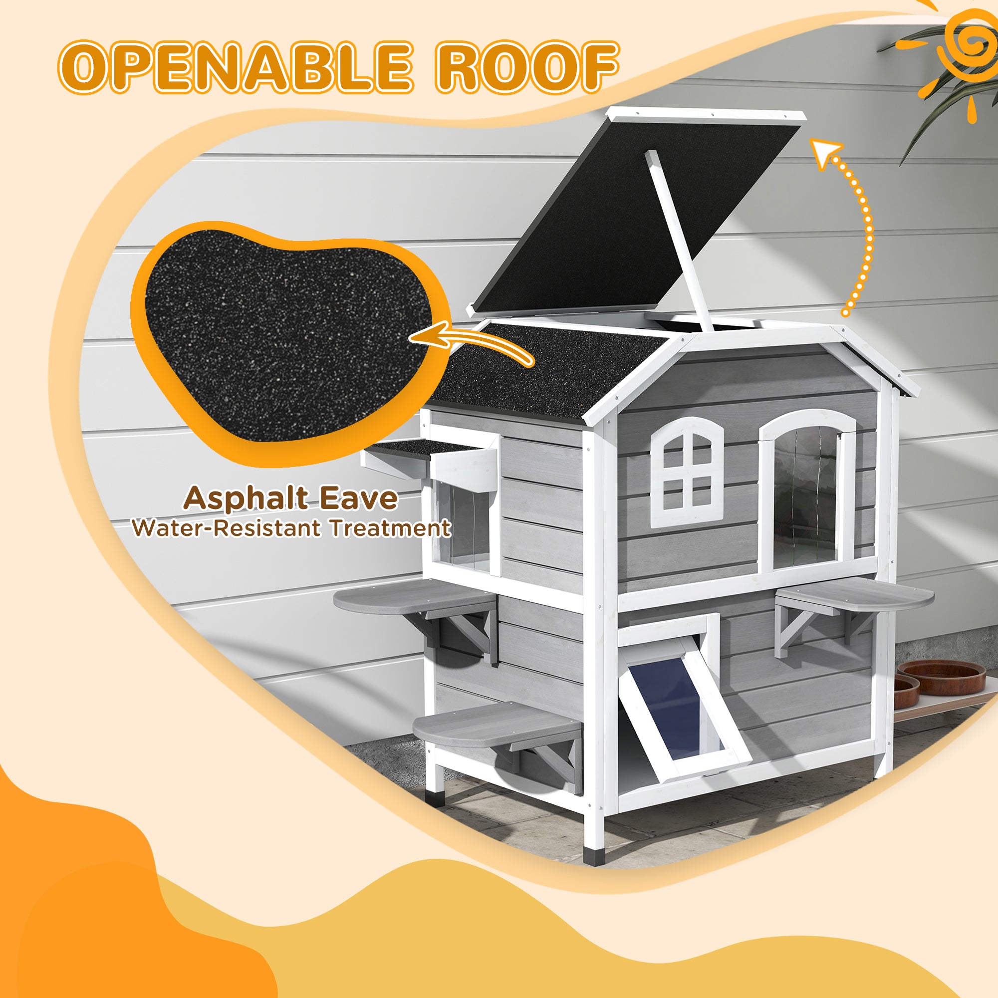PawHut 2-story Cat House Outdoor, Weatherproof Wooden Cat Enclosure for Feral Cats with Escape Door, Openable Roof, Jumping Platforms, Grey - North Peak Garden Furniture