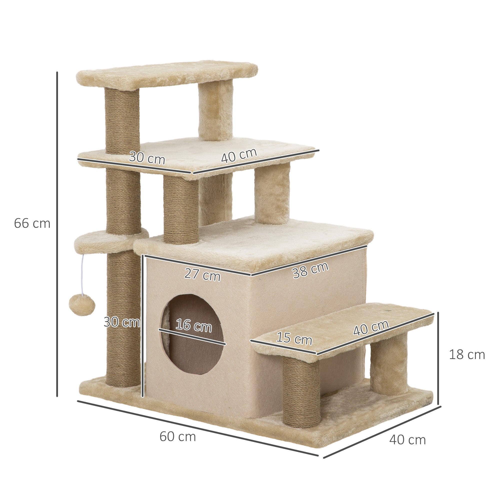 PawHut Adjustable Cat Steps, with House & Hanging Toy Ball - Beige - North Peak Garden Furniture