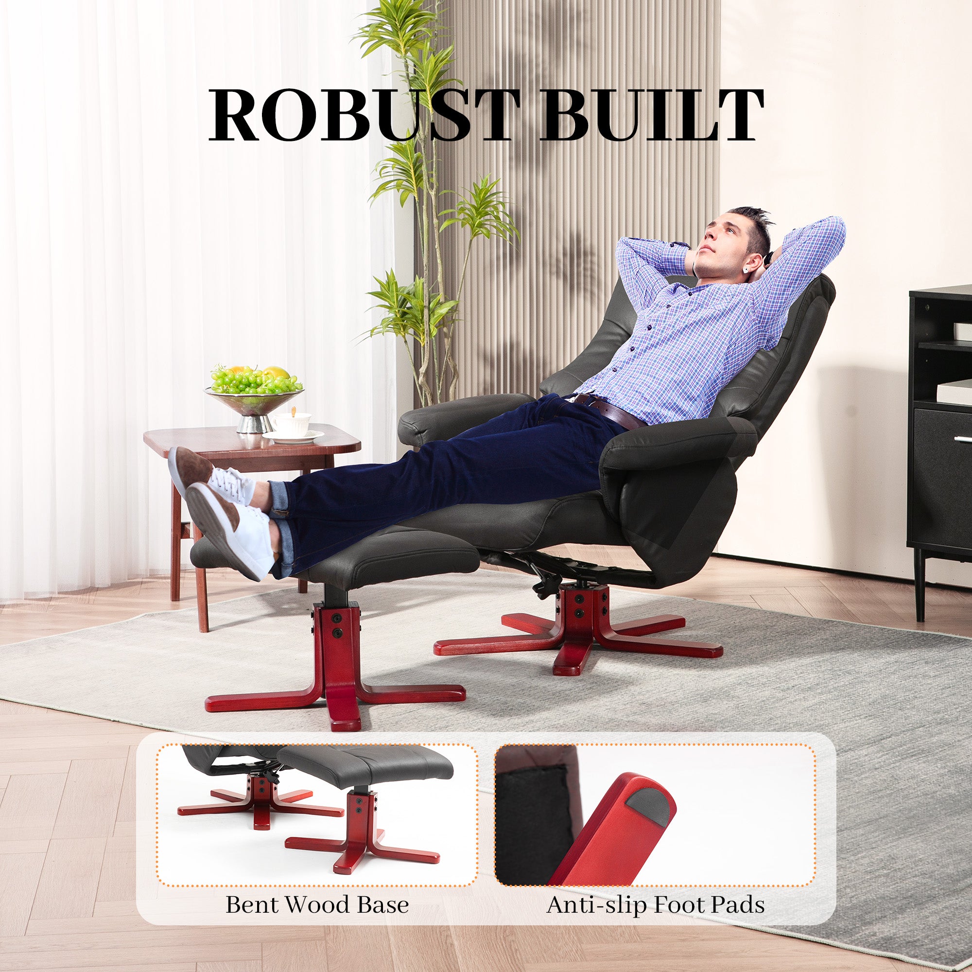 HOMCOM Faux Microfibre Leather Manual Recliner and Footstool Set - Black - North Peak Garden Furniture