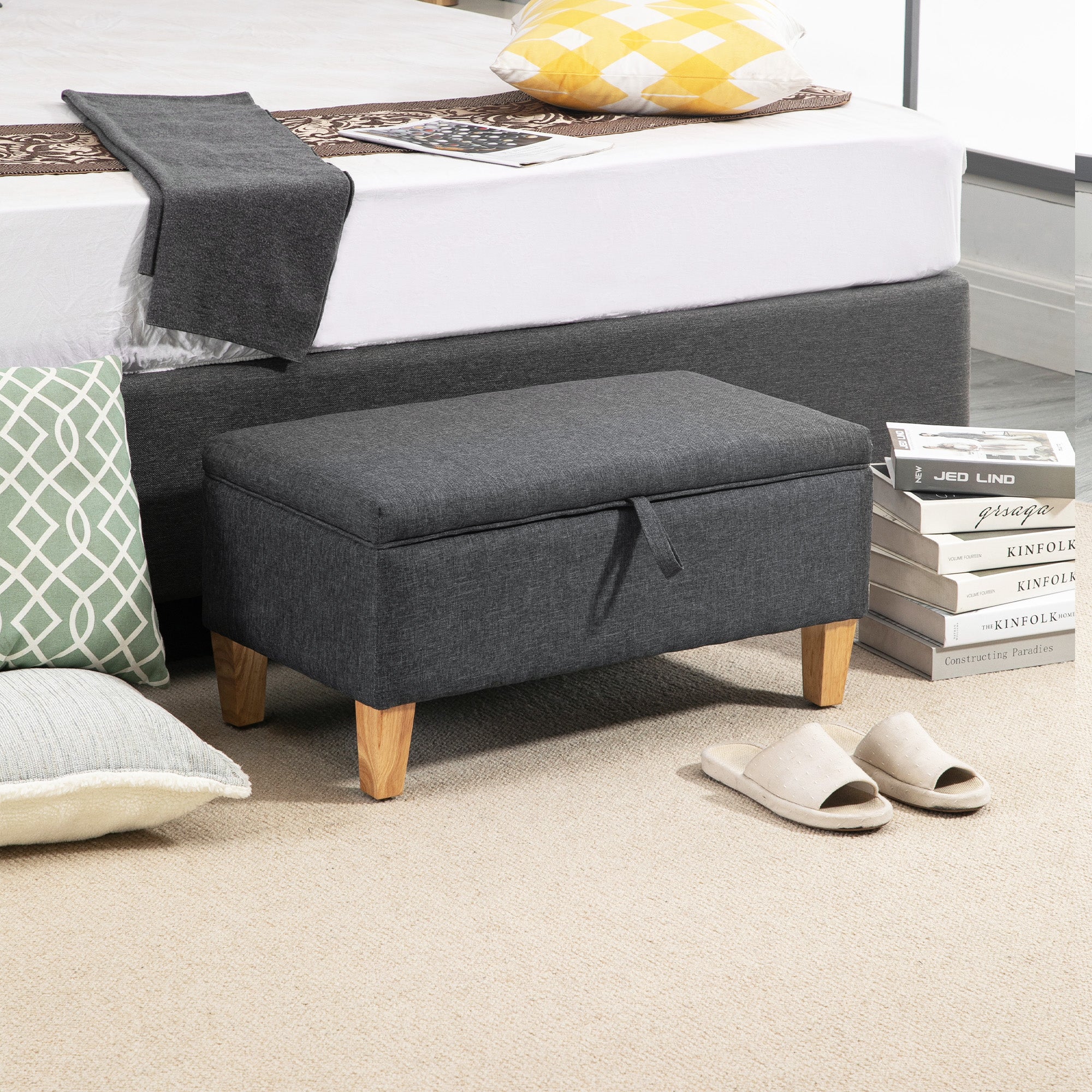 HOMCOM Linen Storage Ottoman Padded Footstool with Rubberwood Legs Ideal for Bed End, Shoe Bench, Seating, Dark Grey - North Peak Garden Furniture