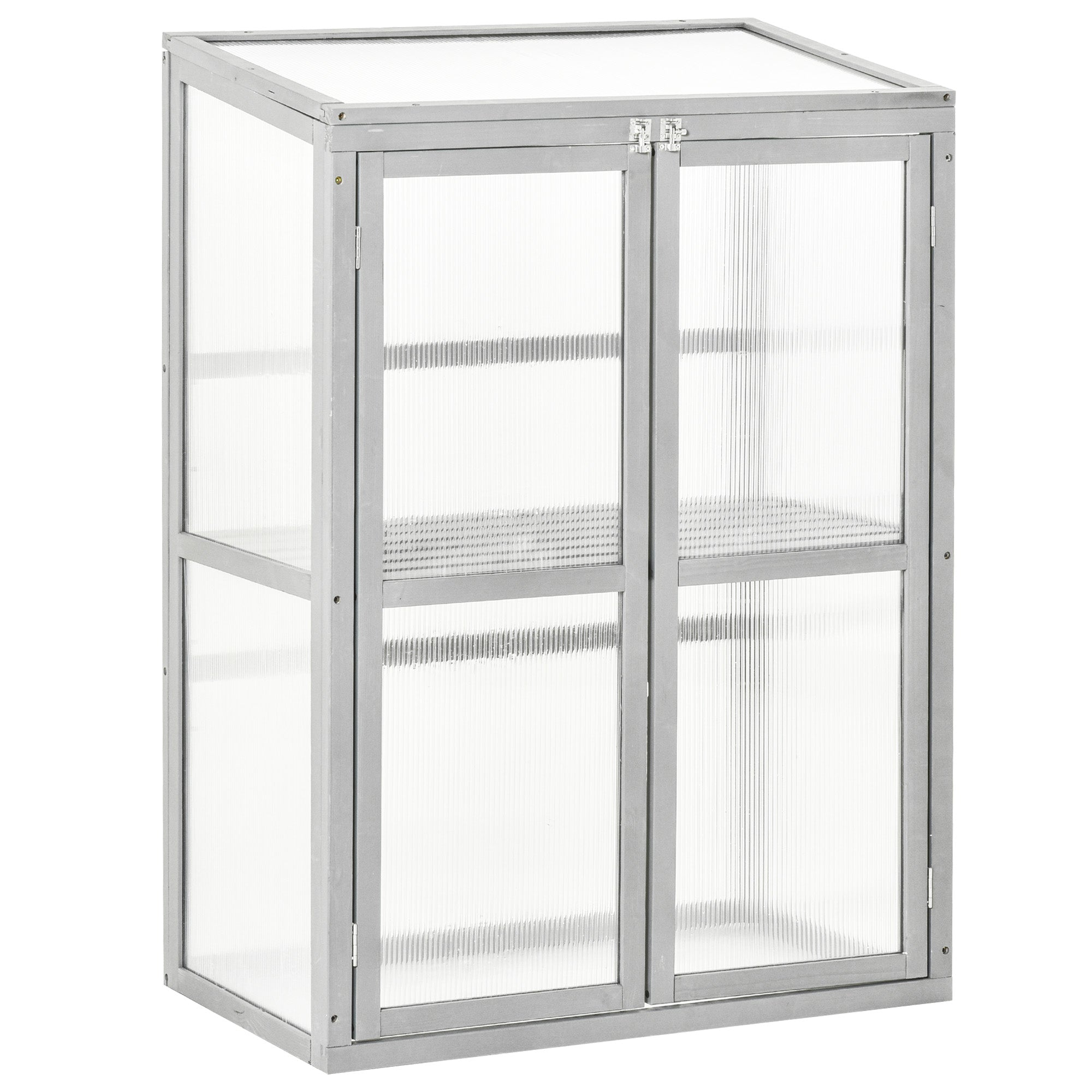 Outsunny Wooden Cold Frame Greenhouse Polycarbonate Garden Grow House for Flower Vegetable Plants with Adjustable Shelf, Double Doors, 76 x 47 x 110cm, Light Grey - North Peak Garden Furniture