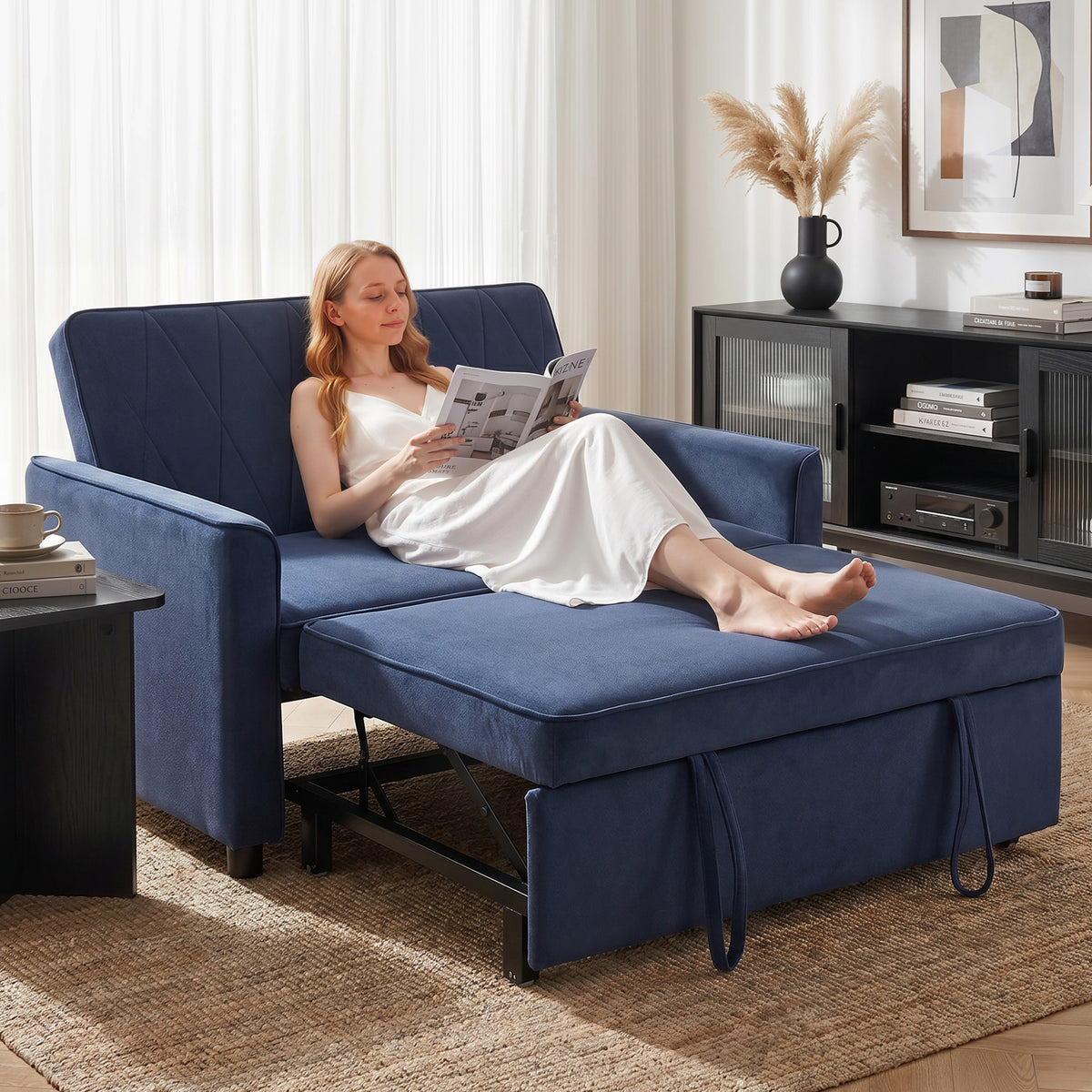 HOMCOM 2 Seater Sofa Bed, 3-in-1 Convertible Pull Out Sleeper Sofa with Click-Clack Adjustable Backrest, Dark Blue