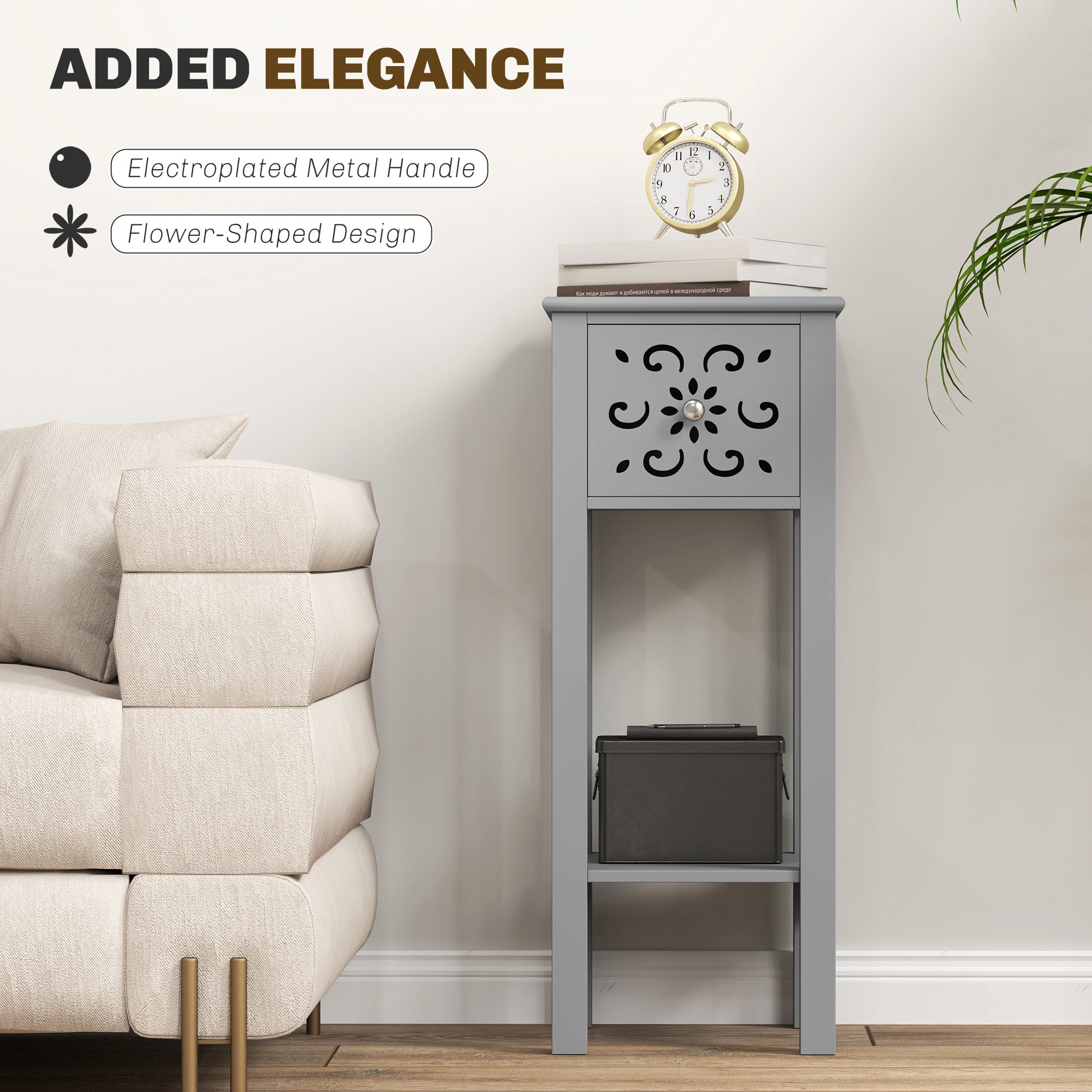 HOMCOM Set of Two Elegant Floral Cut-Out Side Tables - Grey - North Peak Garden Furniture