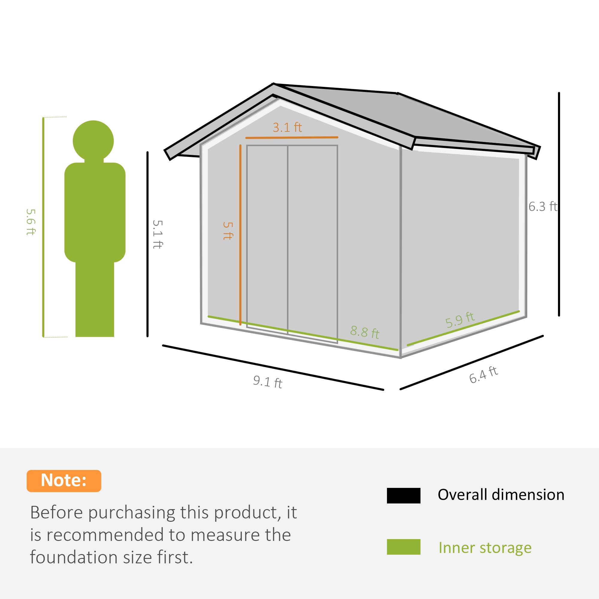 Outsunny 9 x 6ft Metal Garden Shed, Outdoor Storage Tool House with Ventilation Slots, Foundation Kit and Lockable Double Doors, Yellow