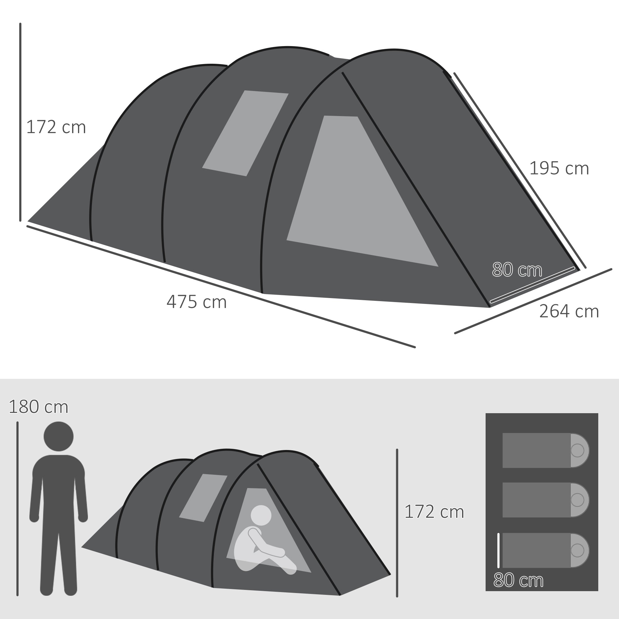 Outsunny 3-4 Man Tunnel Tent, Two Room Camping Tent with Windows and Covers, Portable Carry Bag, for Fishing, Hiking, Sports, Festival - Black - North Peak Garden Furniture