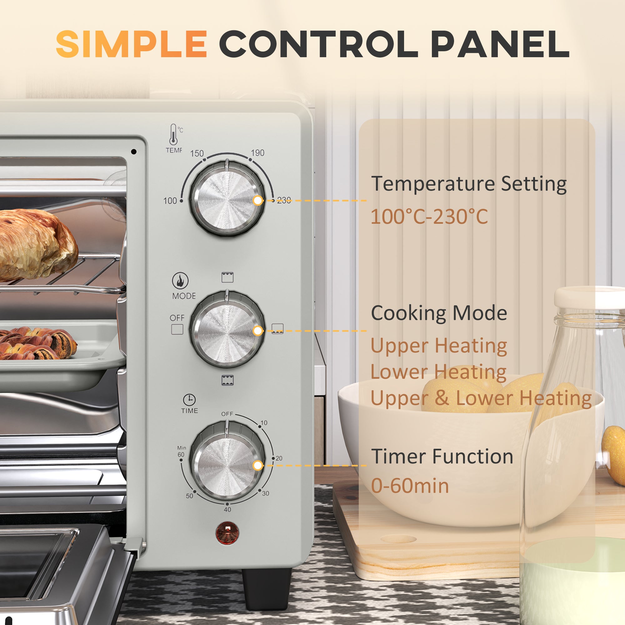 HOMCOM 21L Mini Countertop Oven, 100°C-230°C Adjustable Temp - Silver Tone - North Peak Garden Furniture