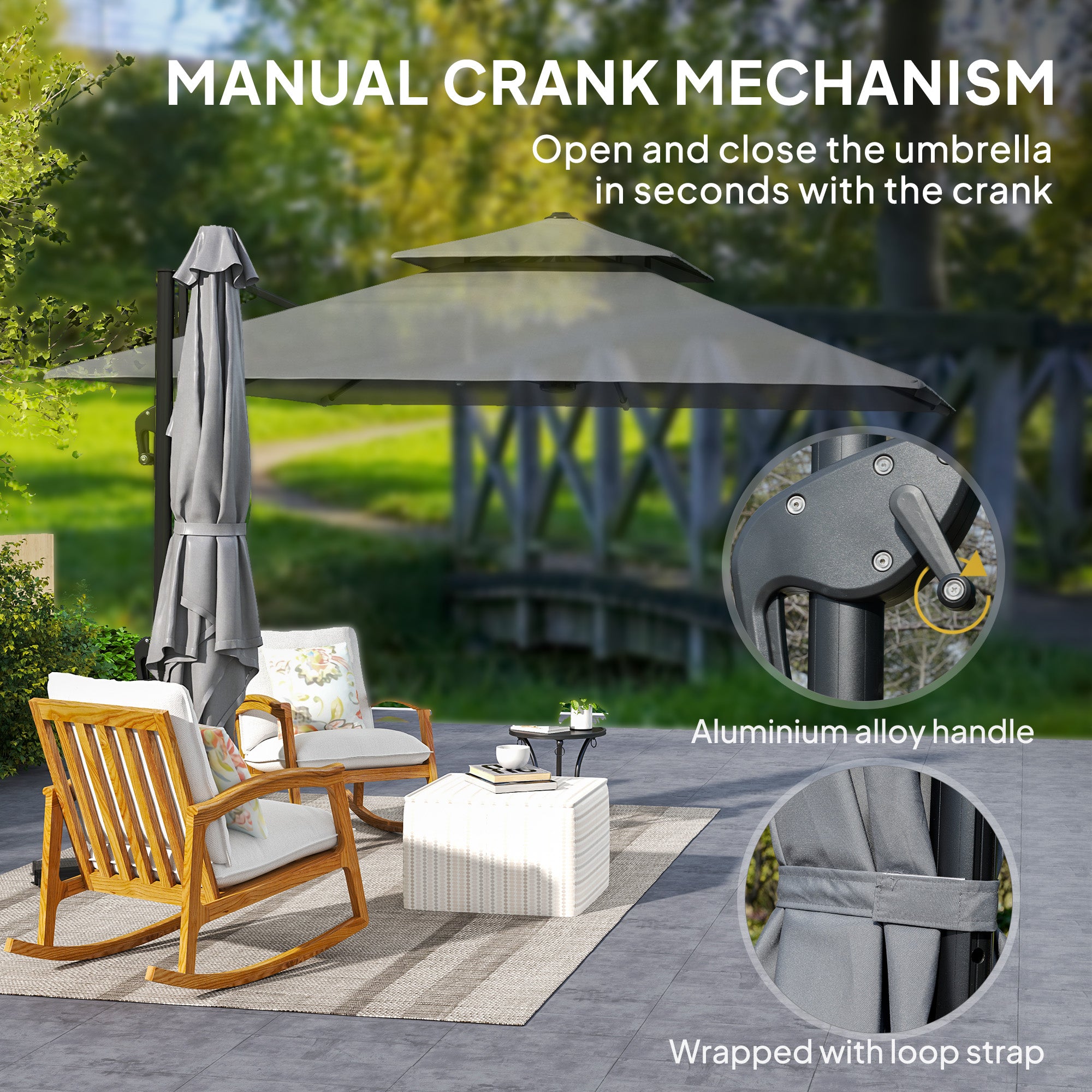 Outsunny 3 x 3(m) Cantilever Parasol with Aluminium Frame, Crank and Tilt, 360° Rotation, Double Top Garden Umbrella with Base and Cover, Light Grey - North Peak Garden Furniture