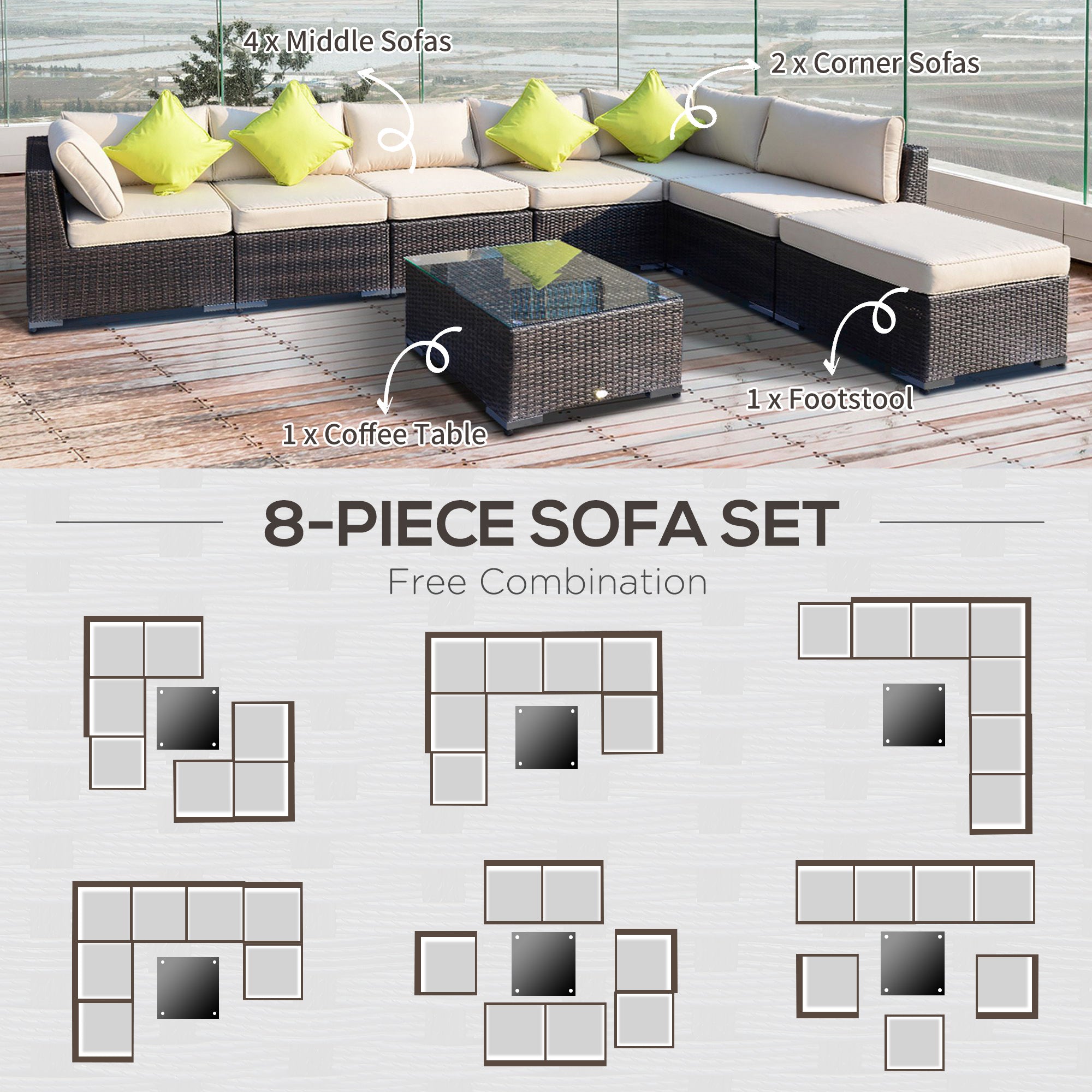 Outsunny 8 Pieces PE Rattan Corner Sofa Set with Thick Cushions, Aluminium Outdoor Rattan Garden Furniture Set with Glass Top Table, No Assembly Required, Mixed Brown - North Peak Garden Furniture