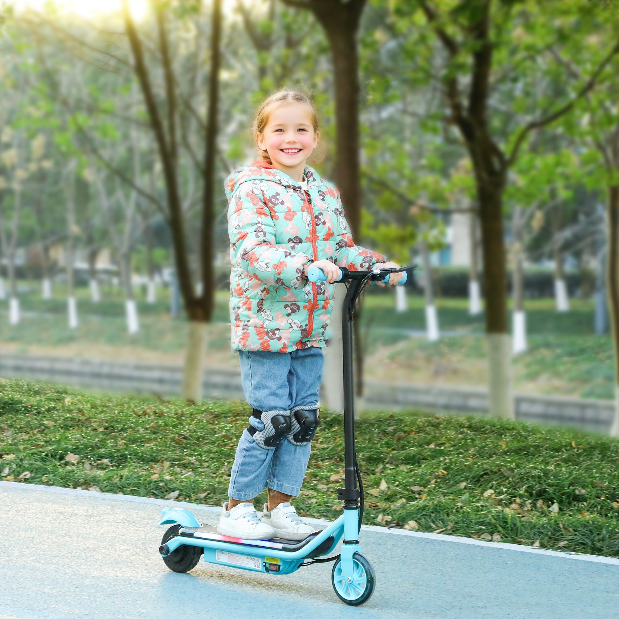 AIYAPLAY Electric Scooter for Kids Ages 6-14, with Dual Brakes, Flash Wheel and Colourful Light, Kids Electric Scooter E Scooter, Up to 12 KM/H & 10 KM, Blue - North Peak Garden Furniture