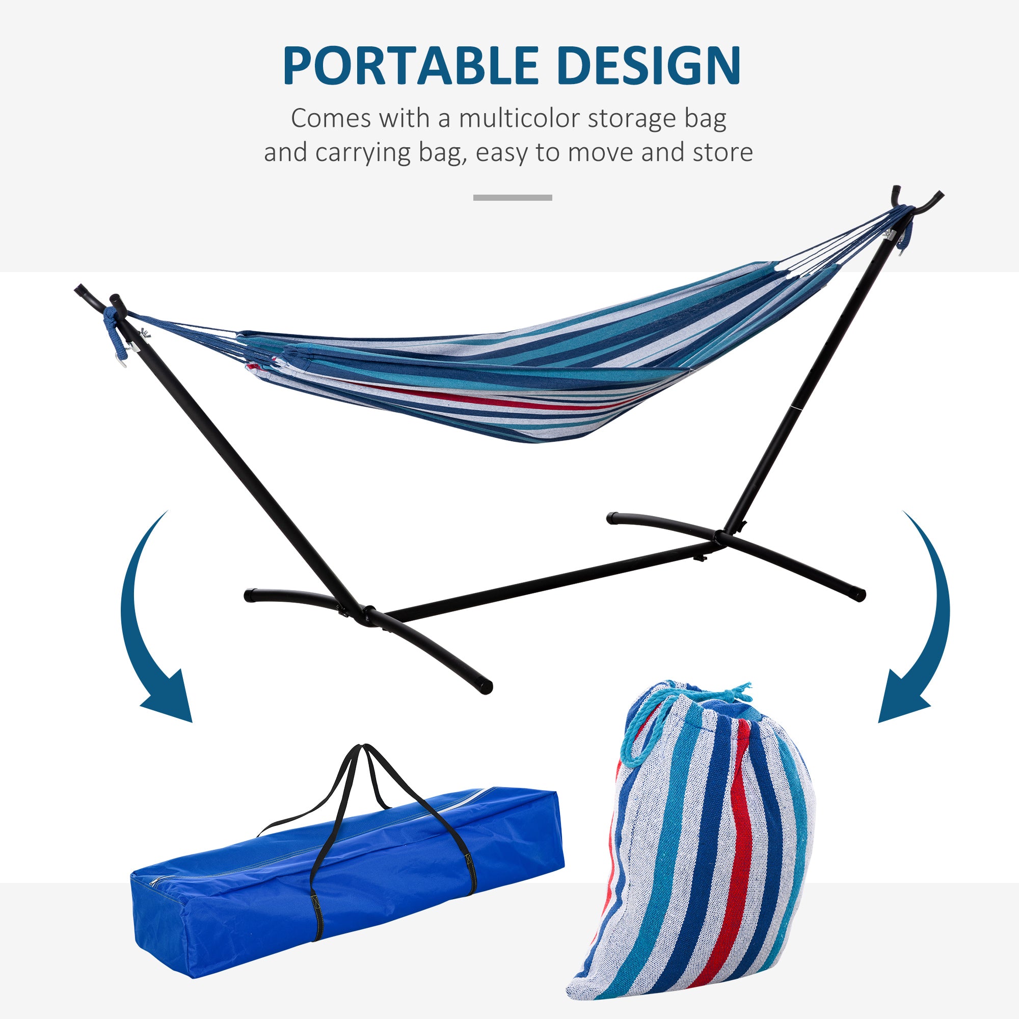 Outsunny 298 x 117cm Hammock with Stand Camping Hammock with Portable Carrying Bag, Adjustable Height, 120kg Load Capacity, White Stripe - North Peak Garden Furniture