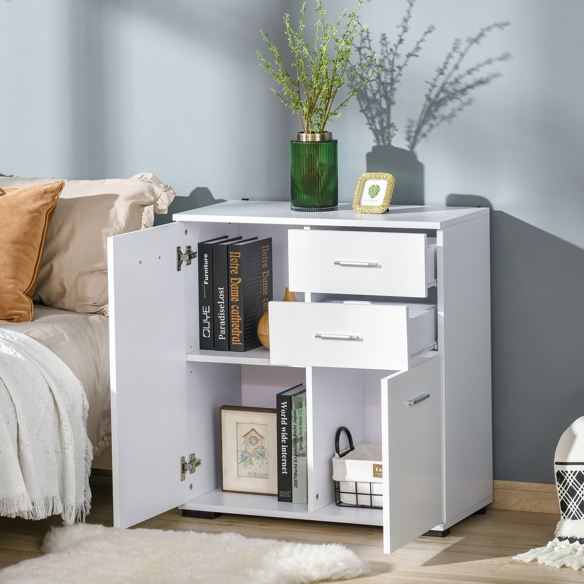 HOMCOM Modern High Gloss Sideboard Storage Cabinet Table Chest of Drawers for Bedroom Living Room Storage Furniture, White - North Peak Garden Furniture
