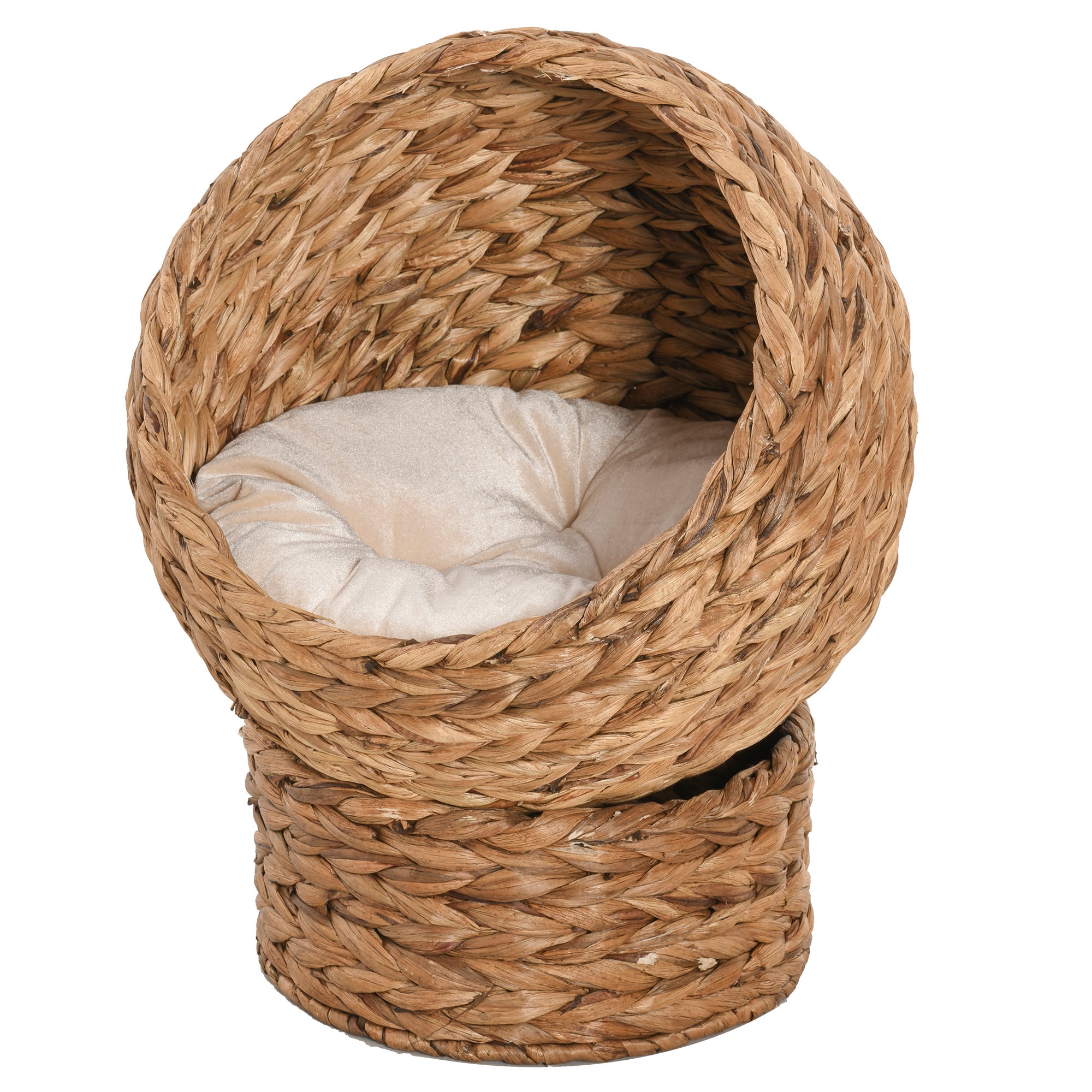 PawHut Wicker Cat Bed, Raised Rattan Cat Basket with Cylindrical Base, Soft Washable Cushion, 50 x 42 x 60 cm - Brown - North Peak Garden Furniture