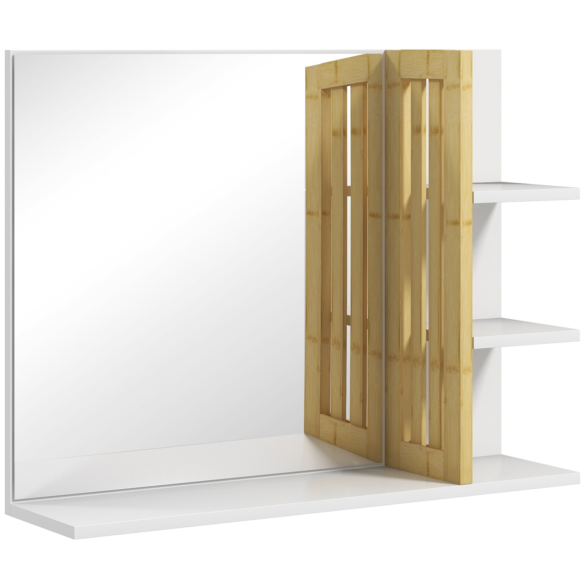 HOMCOM Bamboo Panel Bathroom Mirror, with Shelves - White - North Peak Garden Furniture