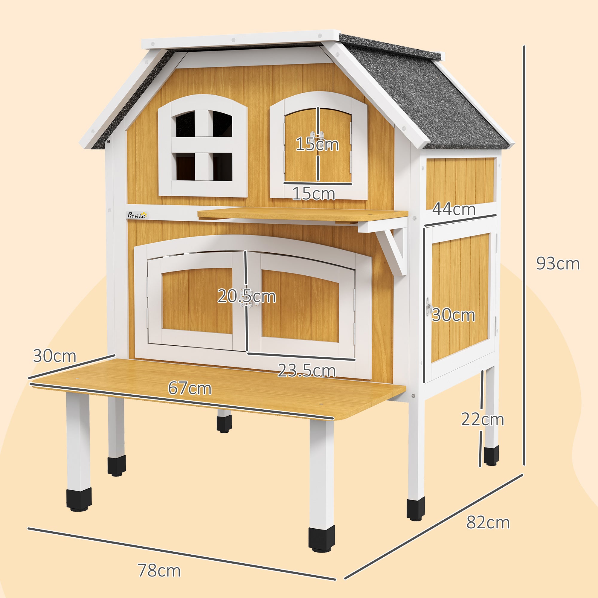 PawHut Outdoor Cat Shelter 2 Tiers Wooden Feral Cat House with Openable Asphalt Roof, Escape Doors, Terrace, for 1-2 Cats