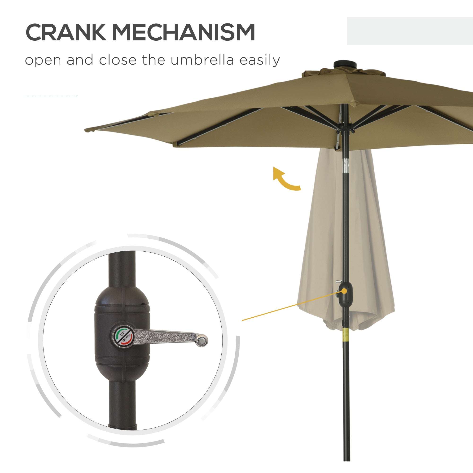 Outsunny 2.7m Patio Garden Umbrella Outdoor Parasol with Tilt Crank and 24 LEDs Lights (Brown) - North Peak Garden Furniture