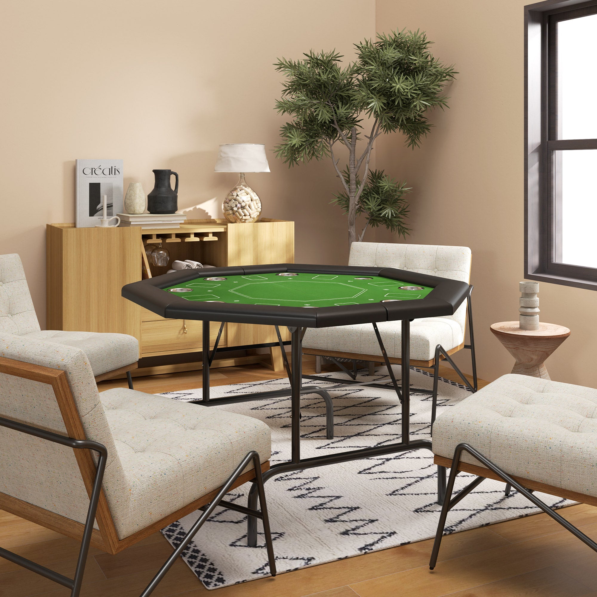 SPORTNOW 8 Player Folding Poker Table, Portable Octagon Blackjack Table with Cup Holders with Cup Holders, Padded Edge, Green - North Peak Garden Furniture