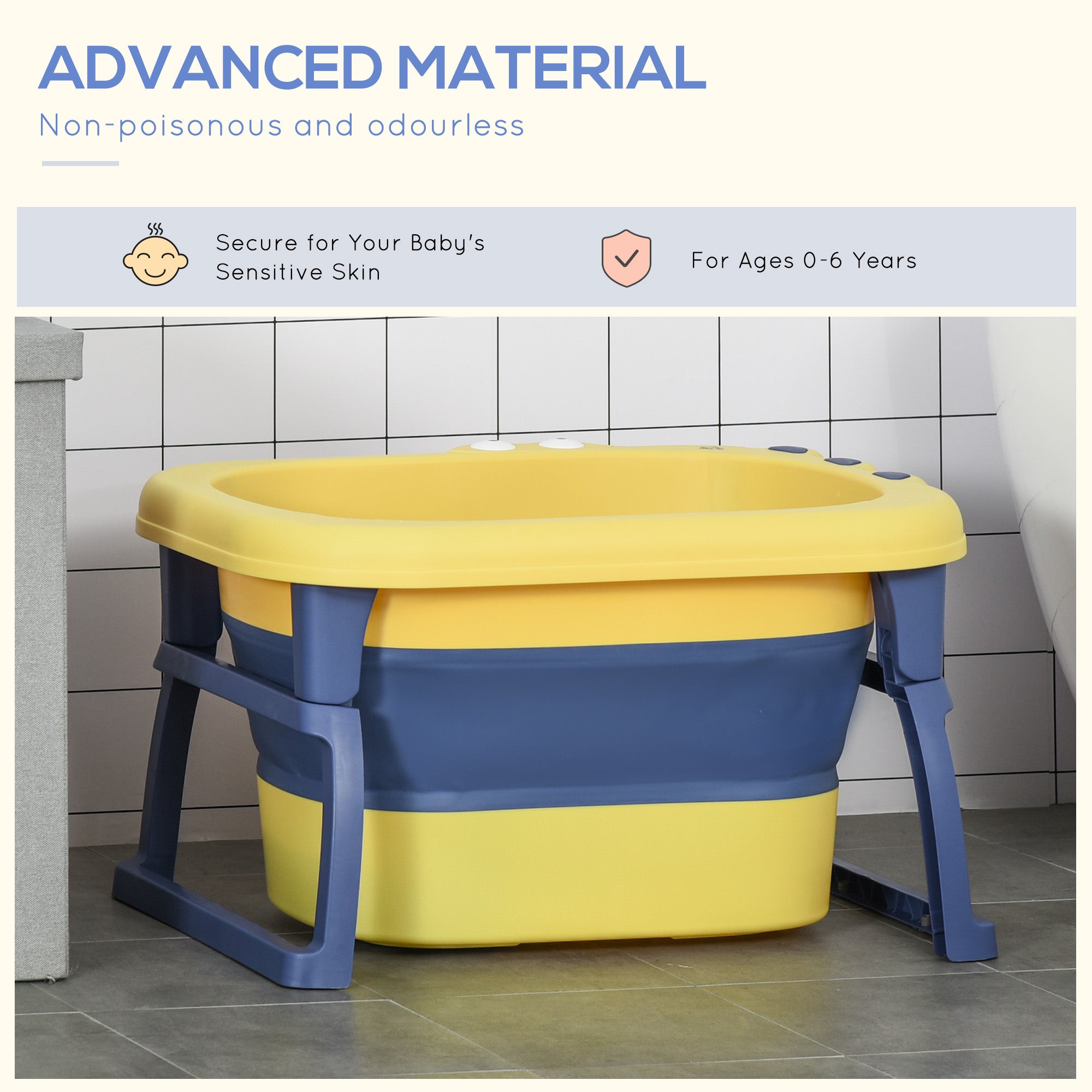 HOMCOM Baby Bathtub for 0-6 Years Collapsible Non-Slip Portable with Stool Seat for Newborns Infants Toddlers Kids - Yellow - North Peak Garden Furniture