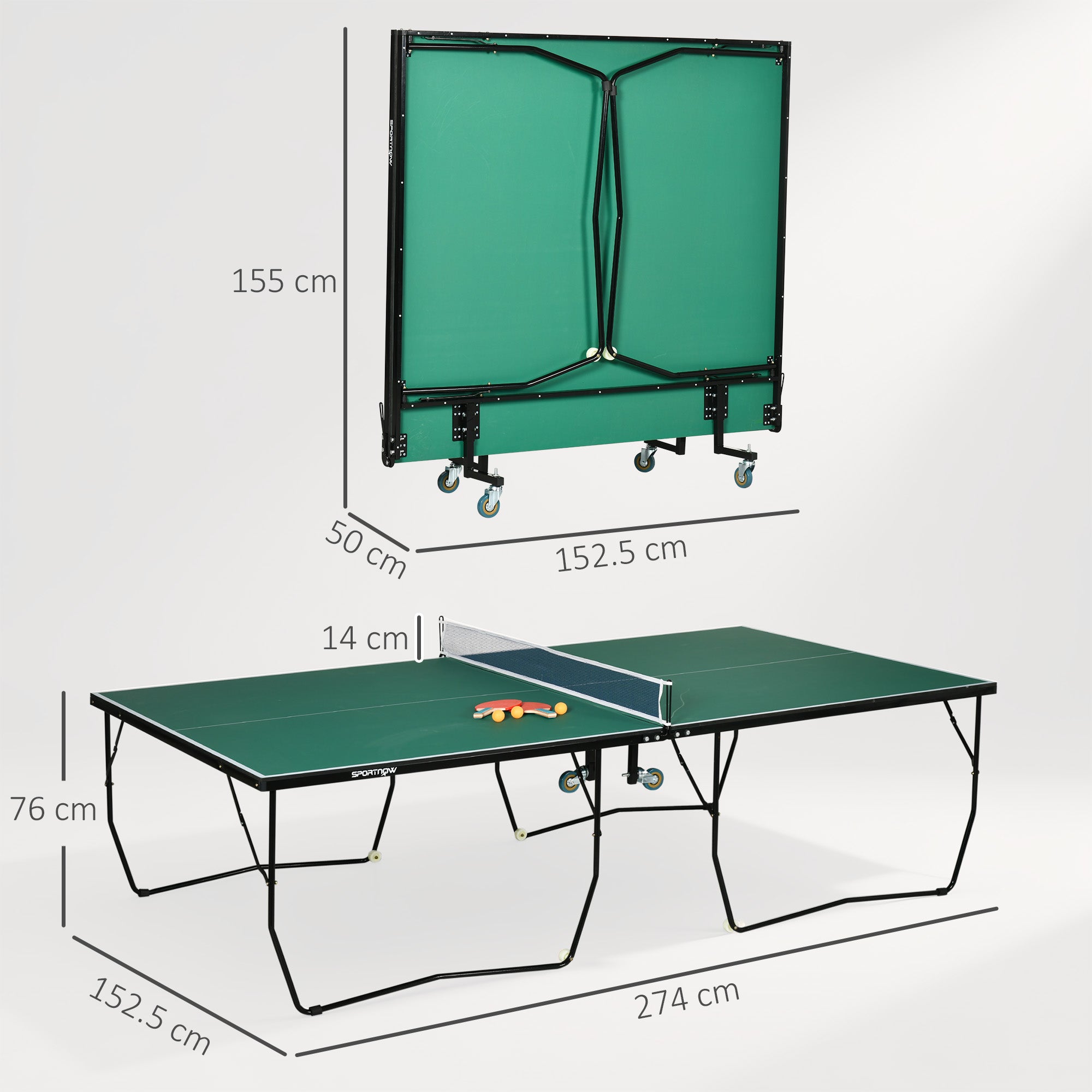 SPORTNOW 9FT Folding Table Tennis Table, with 8 Wheels, for Indoor Use - Green