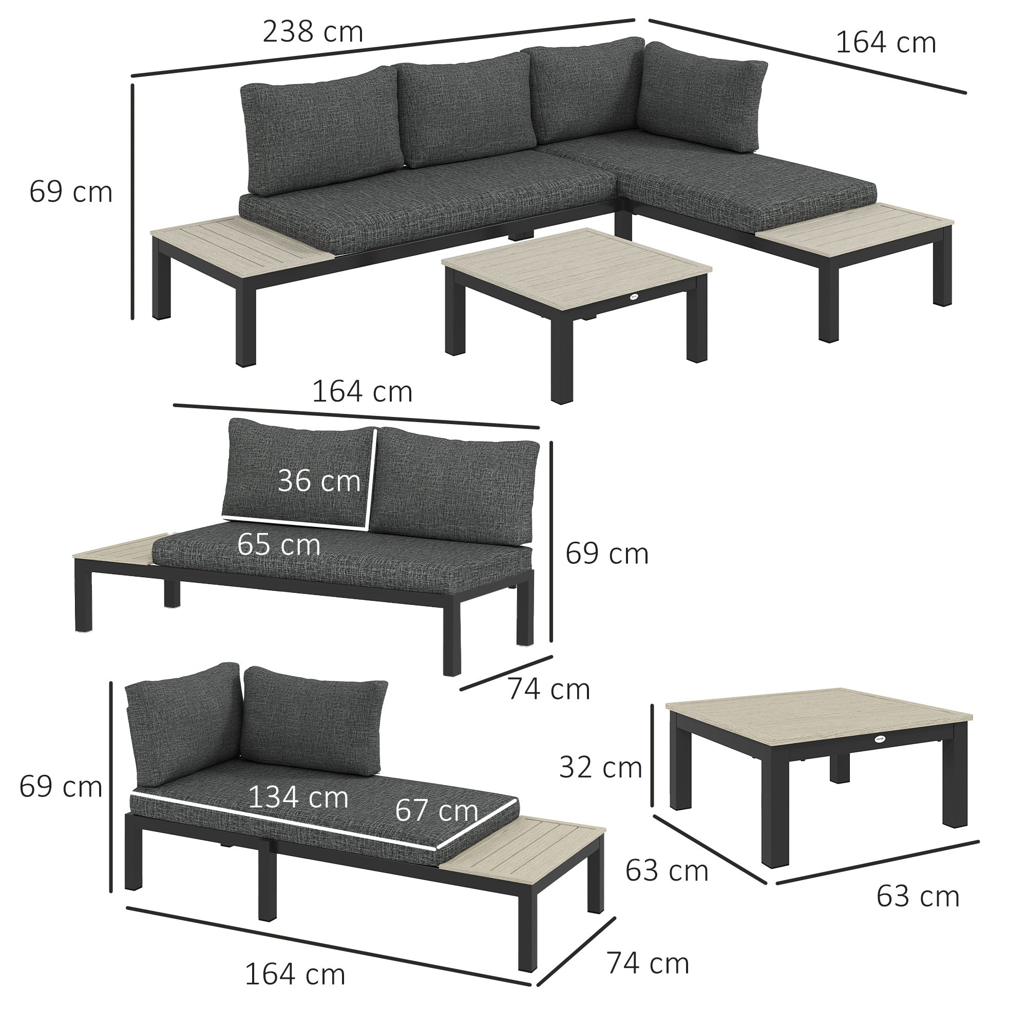 Outsunny 3 Pieces Garden Furniture Sets, Aluminium Outdoor Corner Sofa Set with 2 Loveseat and Coffee Table with Cushions for Garden, Dark Grey - North Peak Garden Furniture