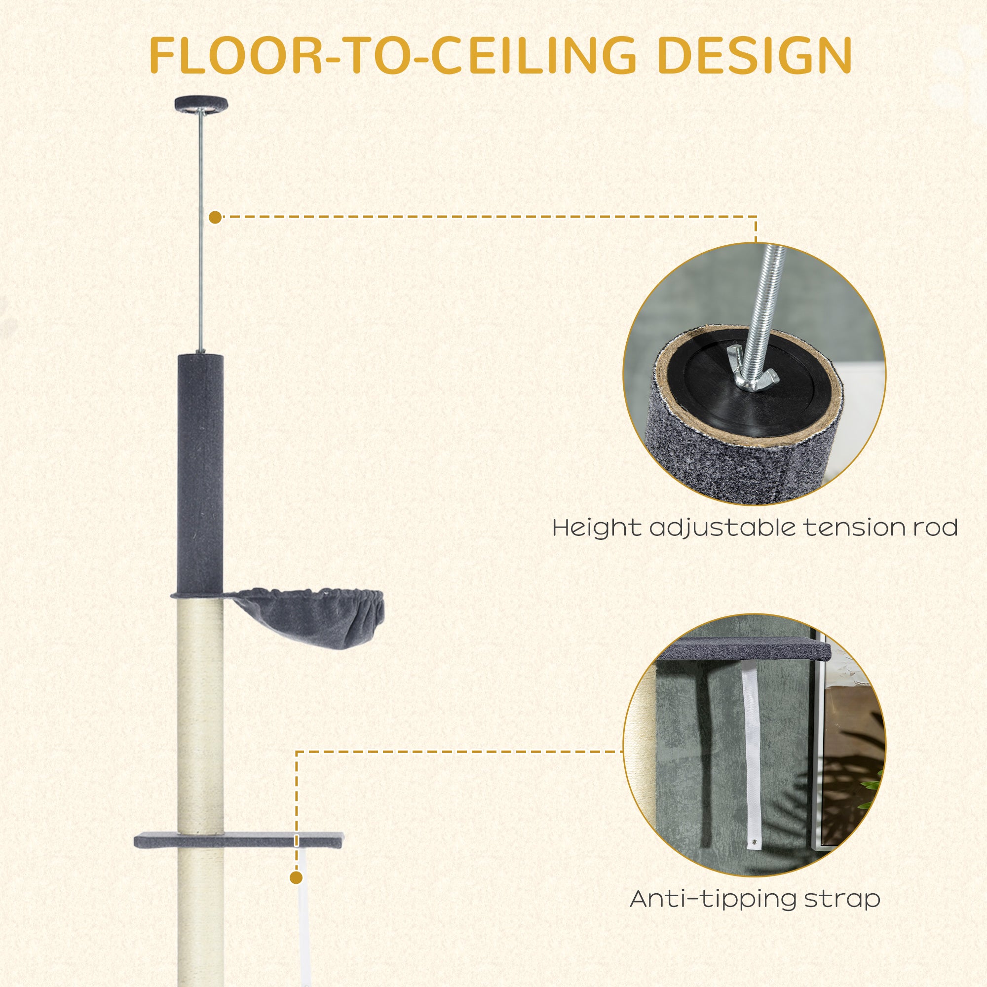 PawHut 240-270cm Floor-To-Ceiling Cat Tree, 5 Tier Cat Climbing Tower, with Bed, Hammock, Platforms, Black and Cream