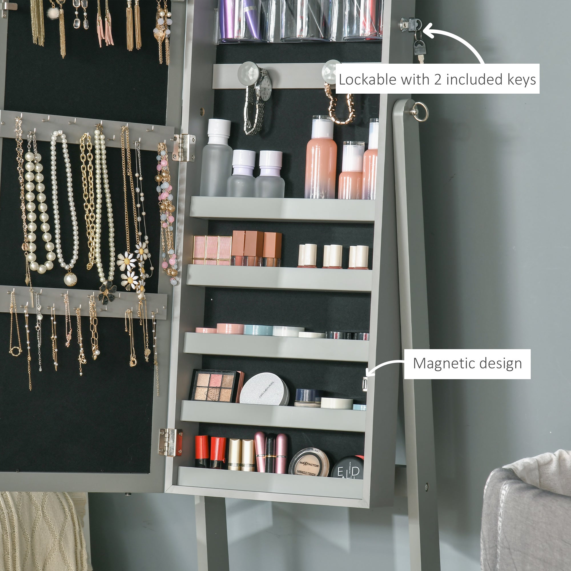 HOMCOM Jewellery Cabinet with LED Light, Lockable Jewellery Organiser with Full-Length Mirror for Bedroom Dressing Room, Grey - North Peak Garden Furniture