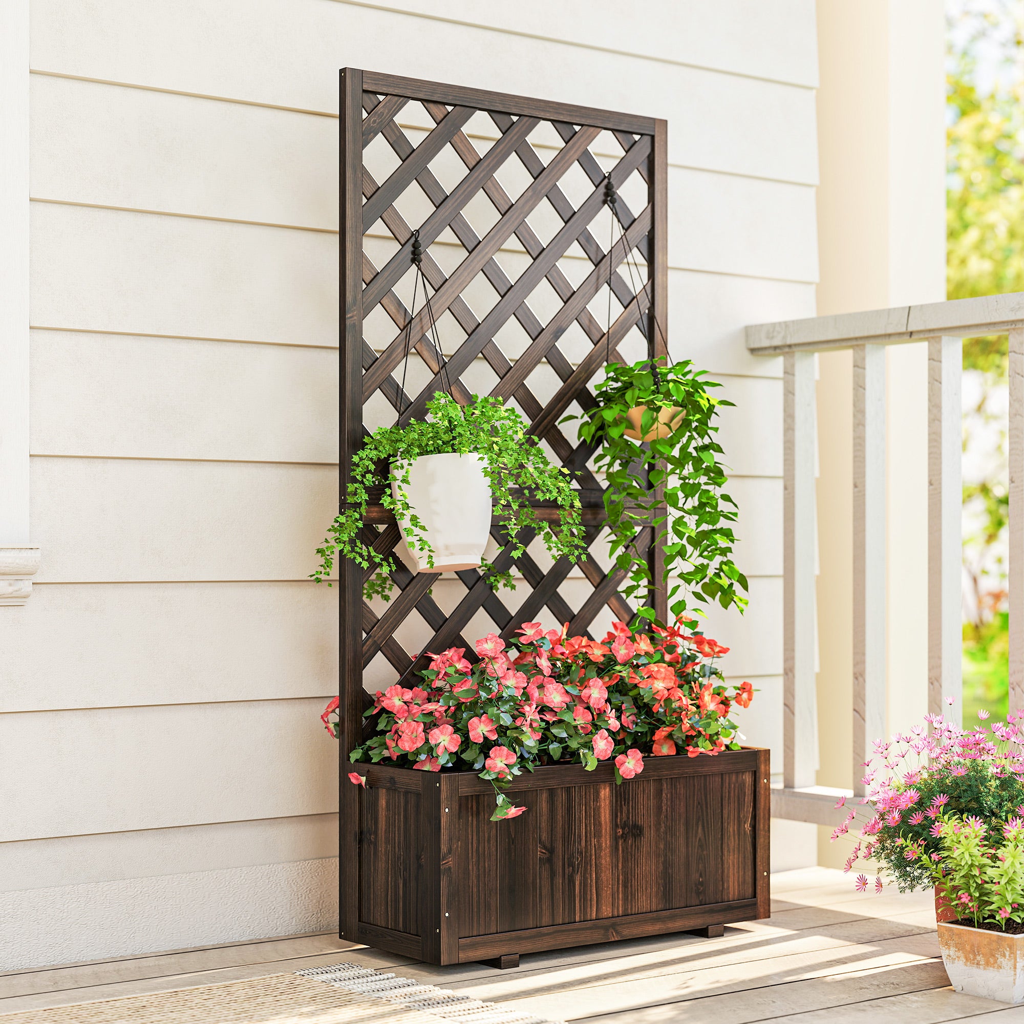 Outsunny 72.5 x 31.5 x 149.5 cm 45L Garden Wooden Pine Trough Planter with Topped Trellis Climbing Plants Flower Raised Bed, Carbonised Finish