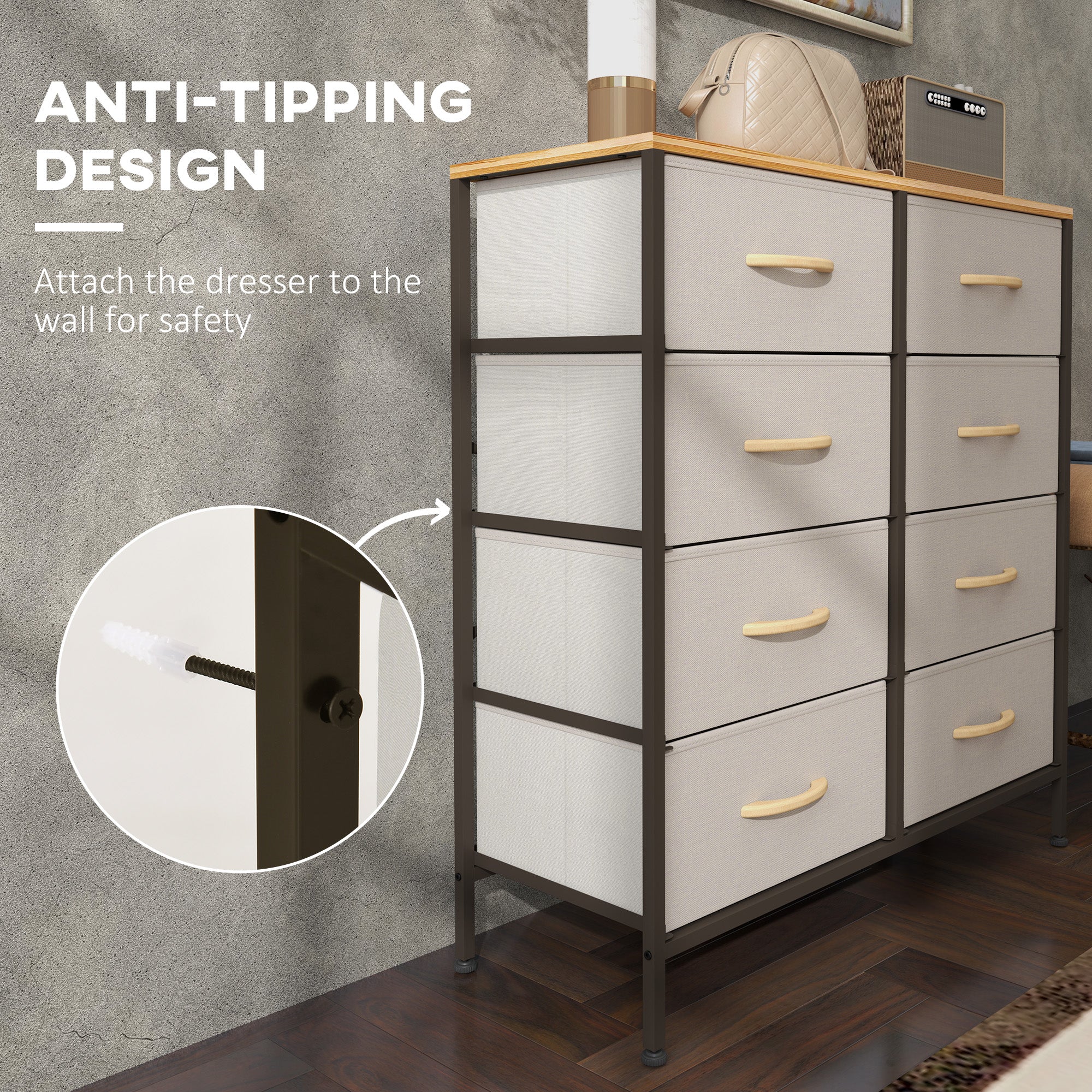 HOMCOM Fabric Chest of Drawers, Storage Drawers, Industrial Bedroom Dresser with 8 Fabric Drawers, Steel Frame and Wooden Top for Nursery, Living Room, Hallway, Cream White - North Peak Garden Furniture