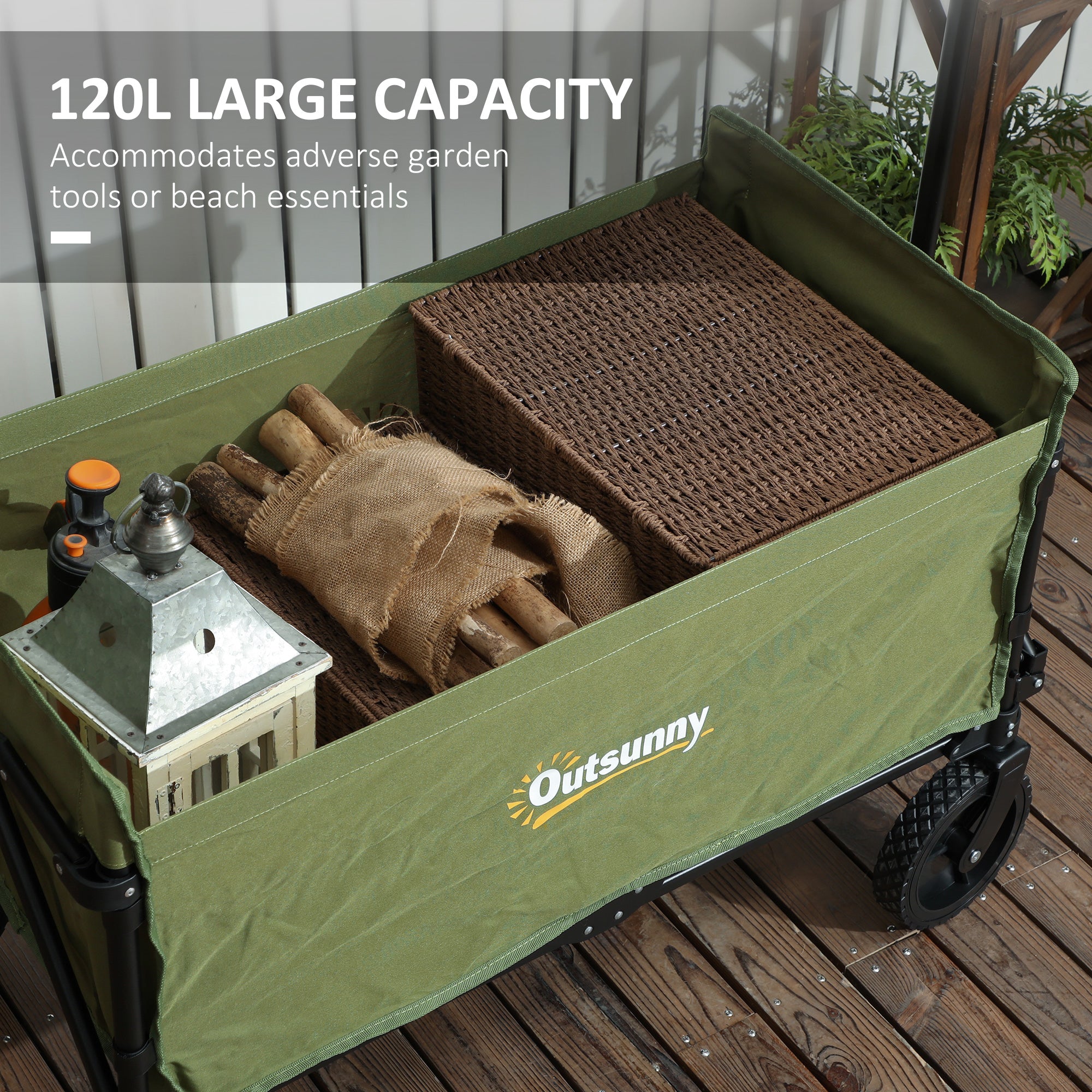 Outsunny 120L Folding Garden Trolley Cart, Outdoor Collapsible Wagon with Wheels and Adjustable Handle for Beach, Camping, Festival, Green - North Peak Garden Furniture