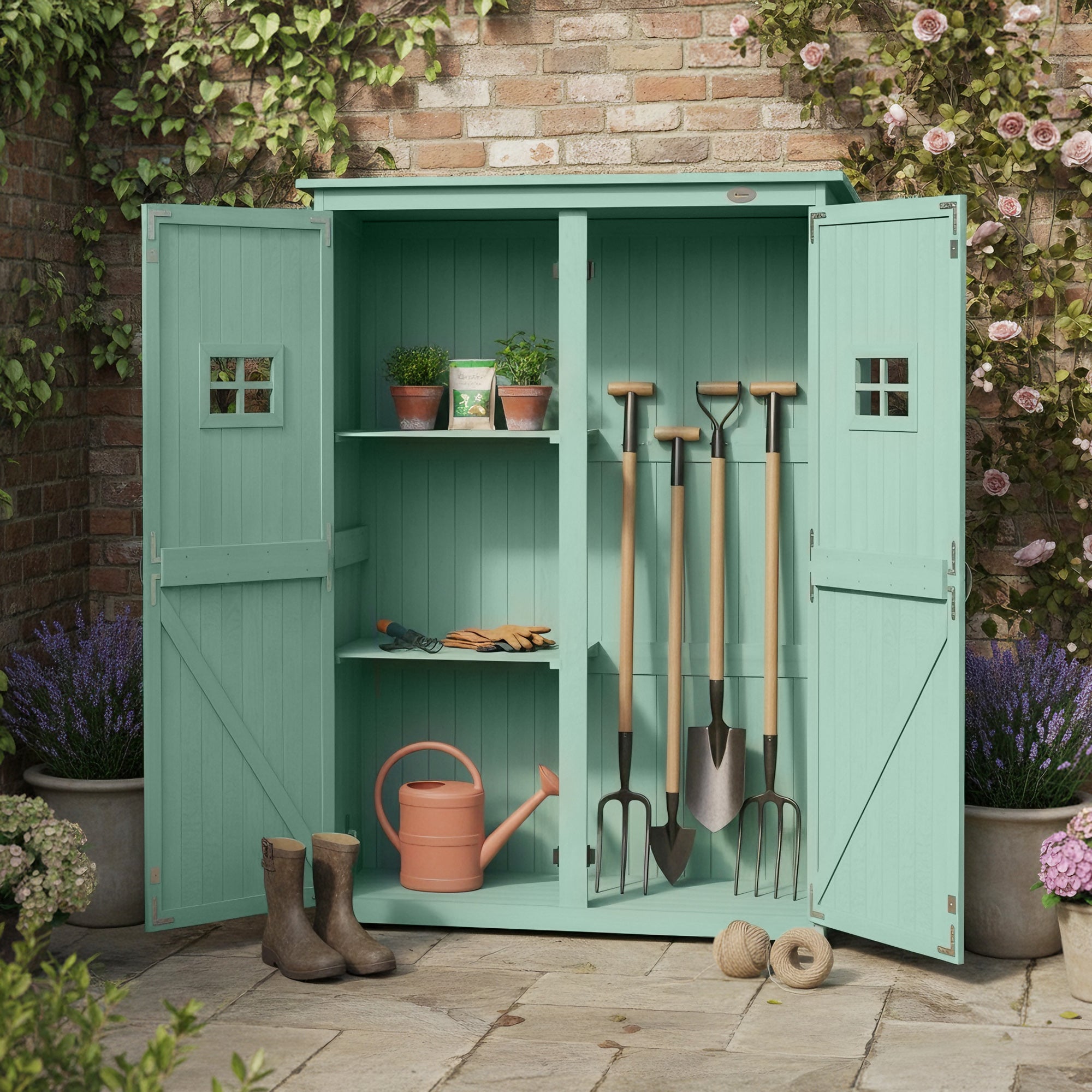 Outsunny Wooden Garden Shed with Two Windows, Tool Storage Cabinet, Outdoor Double Door organiser 127.5W x 50D x 164H cm, Green