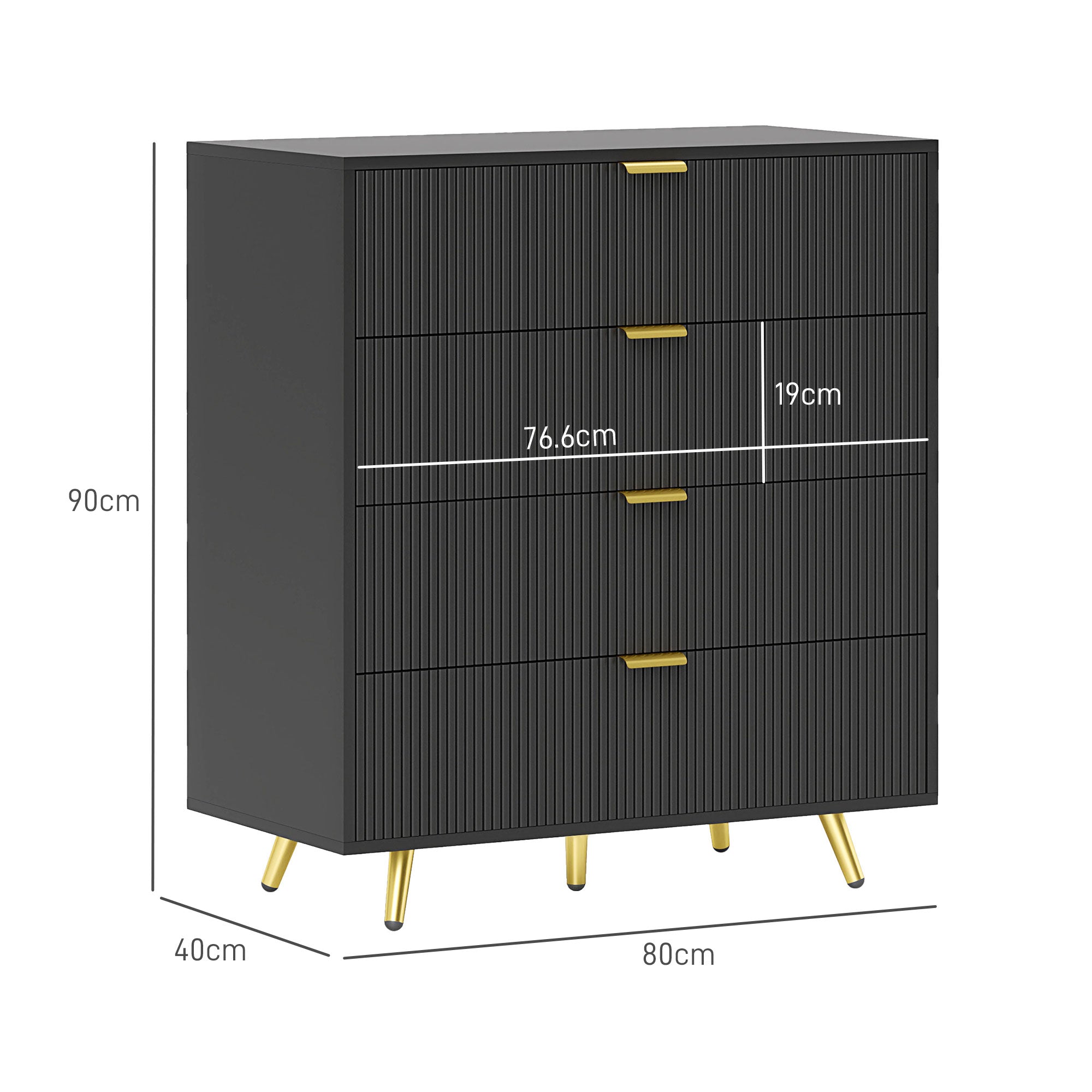 HOMCOM Bedroom Chest of Drawers with 4 Drawers, Fluted Dresser with Gold Tone Handles, Storage Cabinet for Bedroom, Living Room, Hallway, Entryway, Black