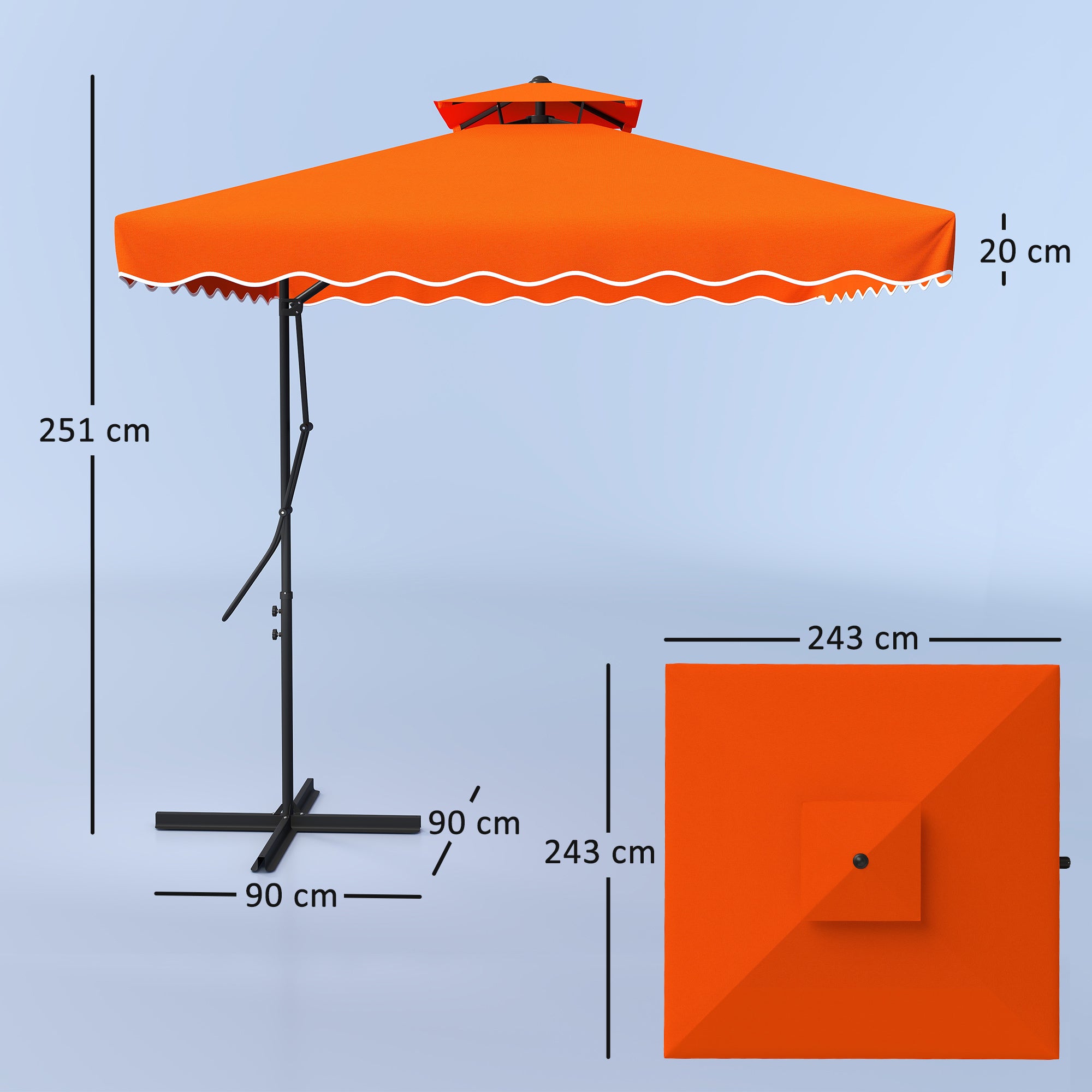 Outsunny 2.5m Cantilever Parasol with Easy Lever, Square Double Top Garden Parasol Umbrella with Ruffles and Cross Base, Overhanging Outdoor Sun Shades, Orange - North Peak Garden Furniture