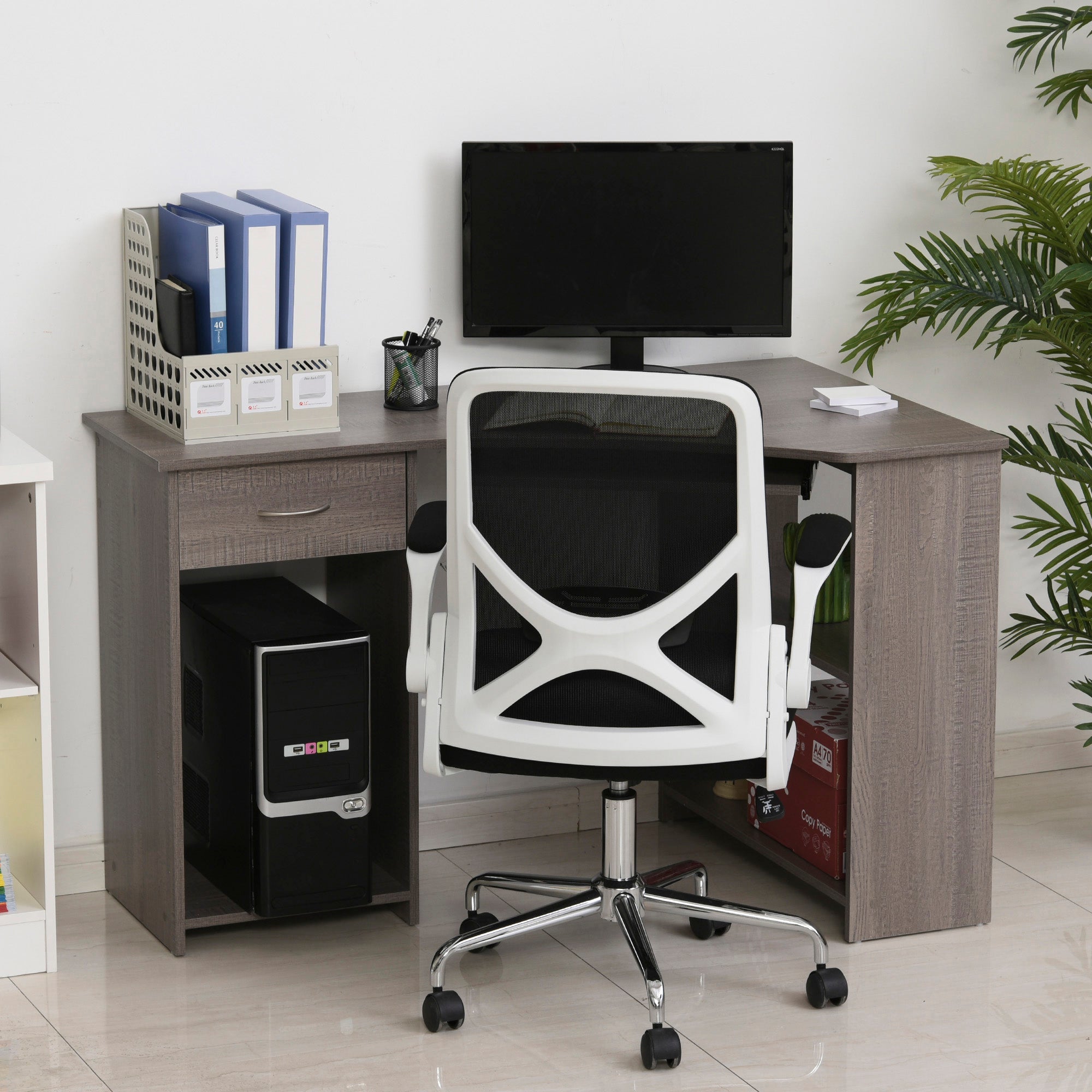 HOMCOM L-Shaped Corner Computer Desk w/ 2 Shelves Wide Worktop Keyboard Tray Drawer & CPU Stand Home Office Study Bedroom Furniture Grey - North Peak Garden Furniture