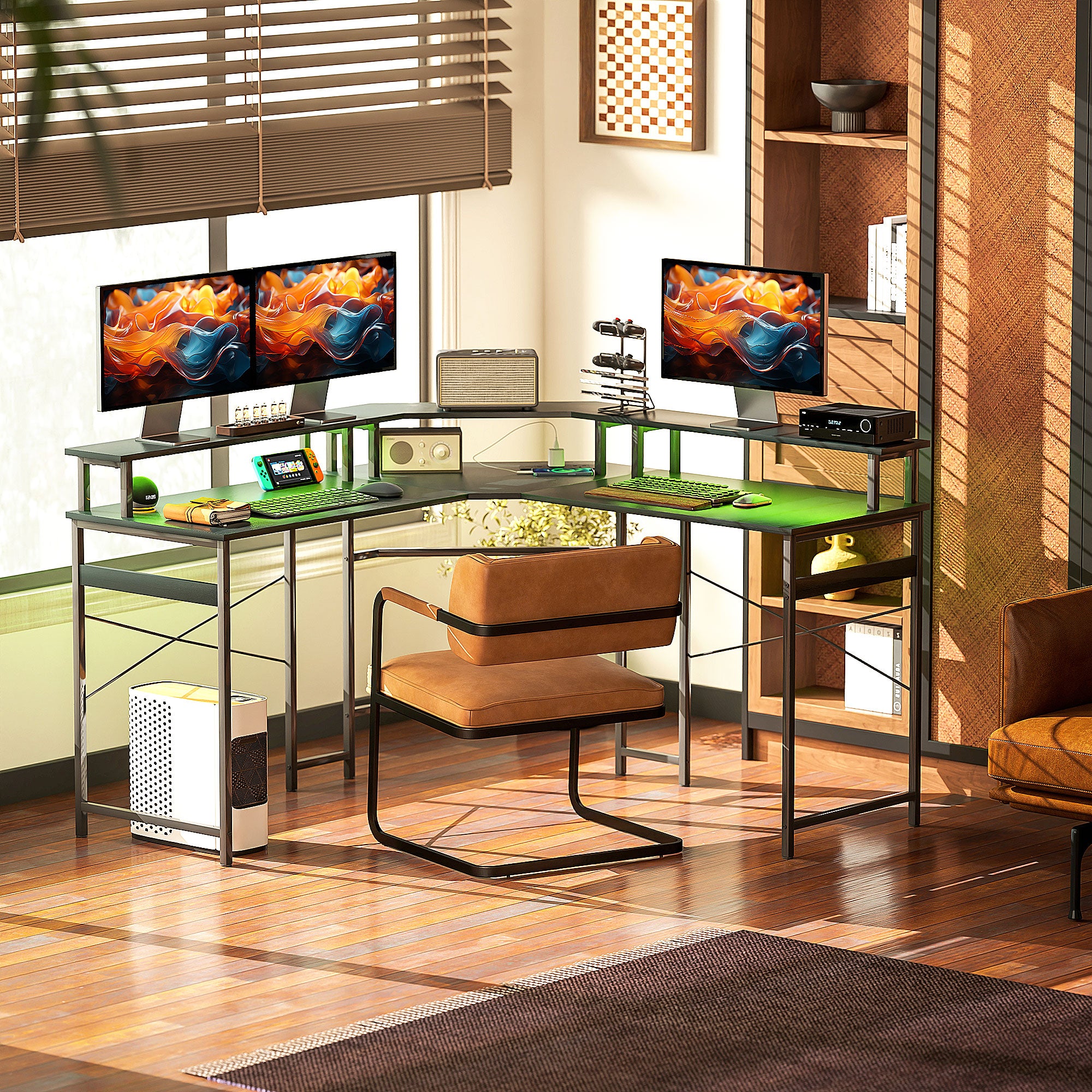 HOMCOM 'L' Shaped Work Desk, with LED Lights - Black - North Peak Garden Furniture