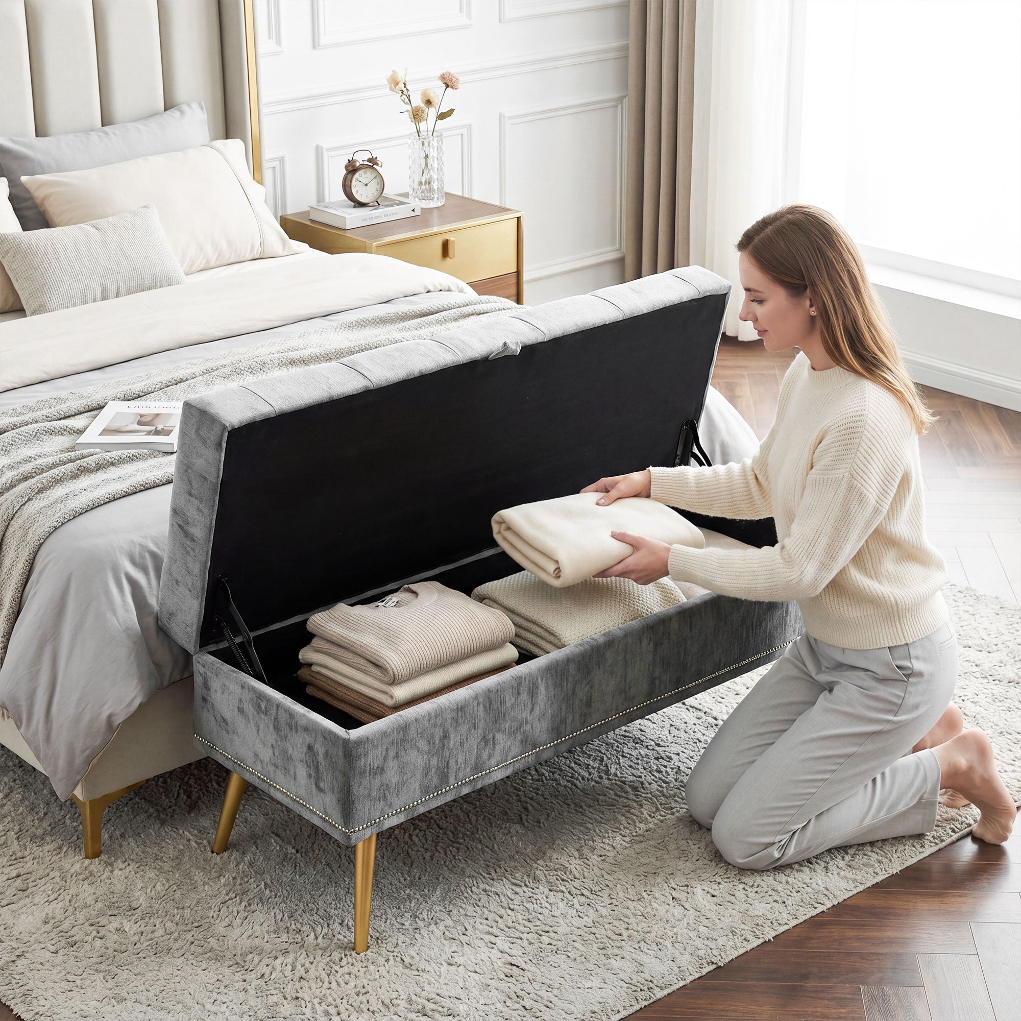 HOMCOM Storage Ottoman, Chenille Upholstered Ottoman Storage Box with Padded Seat, Metal Legs, 114 x 41 x 45 cm, Grey