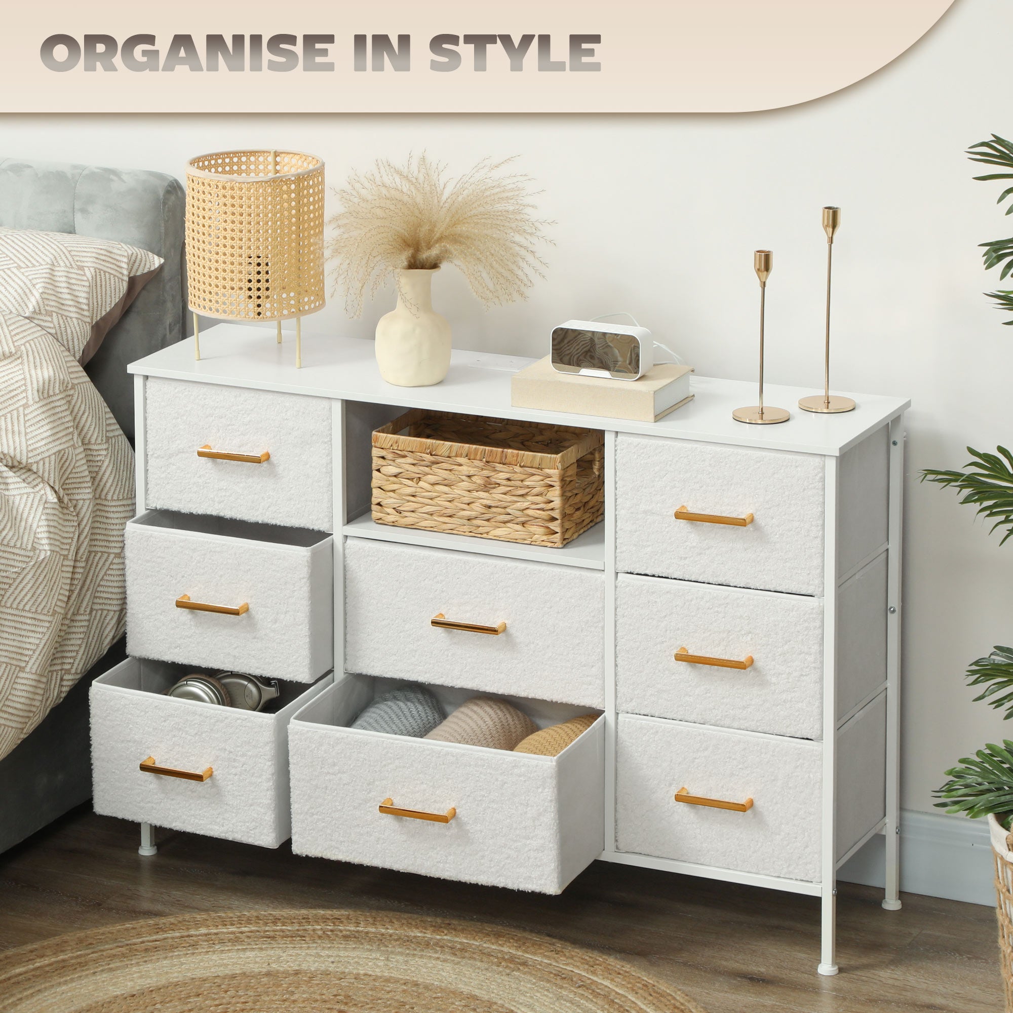 HOMCOM Boucle Chest of Drawers, 8 Fabric Drawers Storage Organiser with Charging Station, 2 USB and 2 AC Ports, Steel Frame, Fabric Dresser for Living Room, Bedroom, Hallway, Cream White - North Peak Garden Furniture