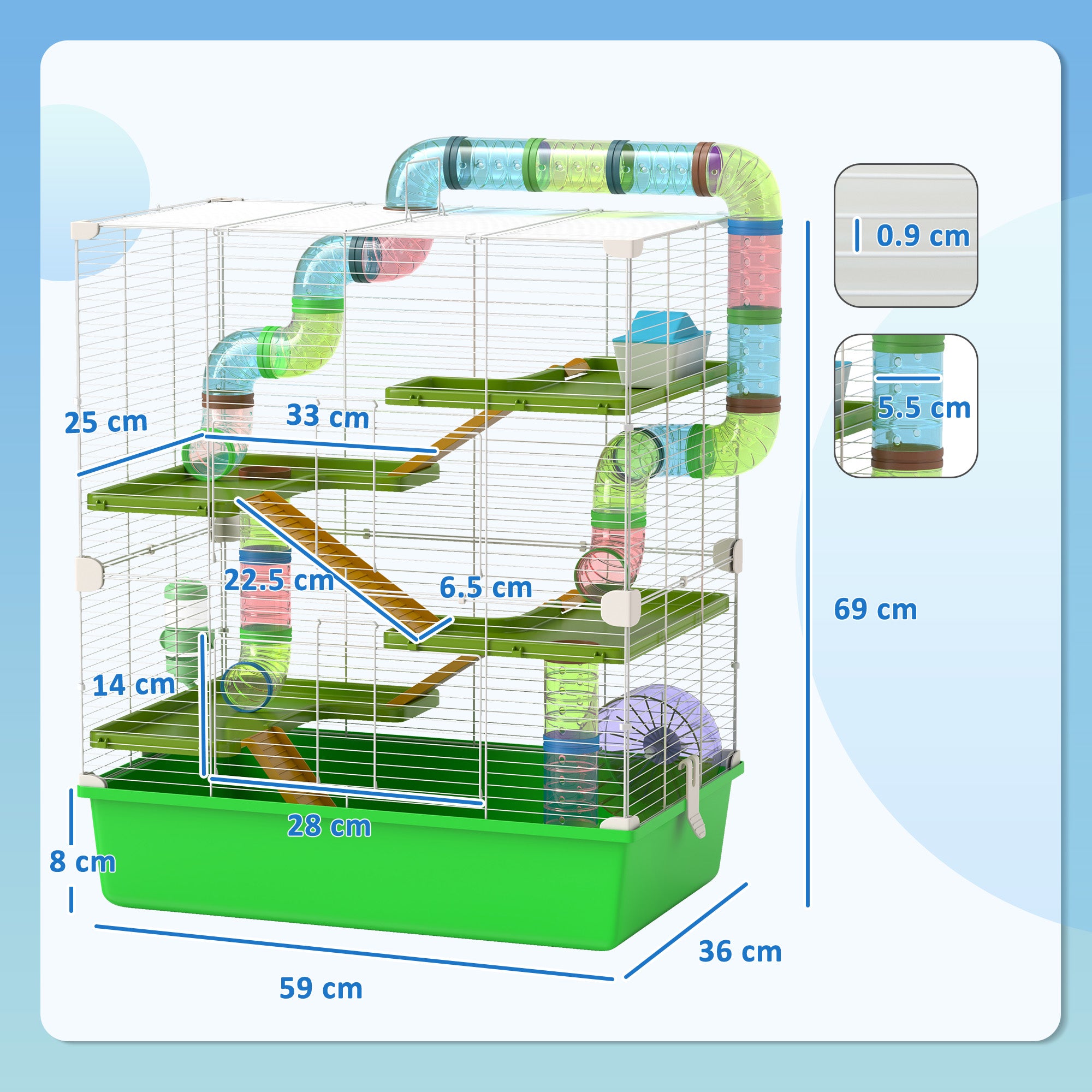 PawHut Hamster Cage w/ Water Bottle, Exercise Wheel, Tubes, Ramps - Green - North Peak Garden Furniture