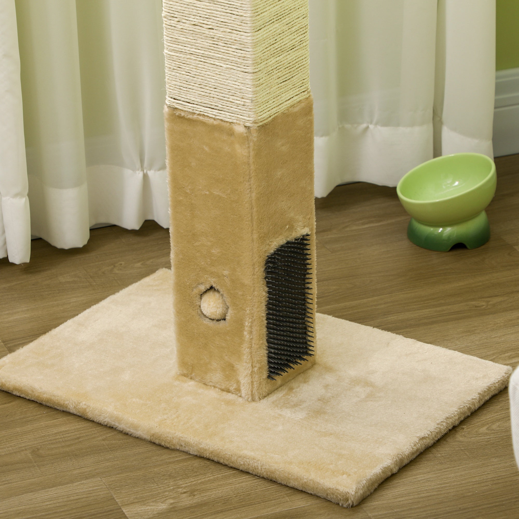 PawHut Jute Cat Scratching Post w/ Carpet Base Hanging Toy - Beige