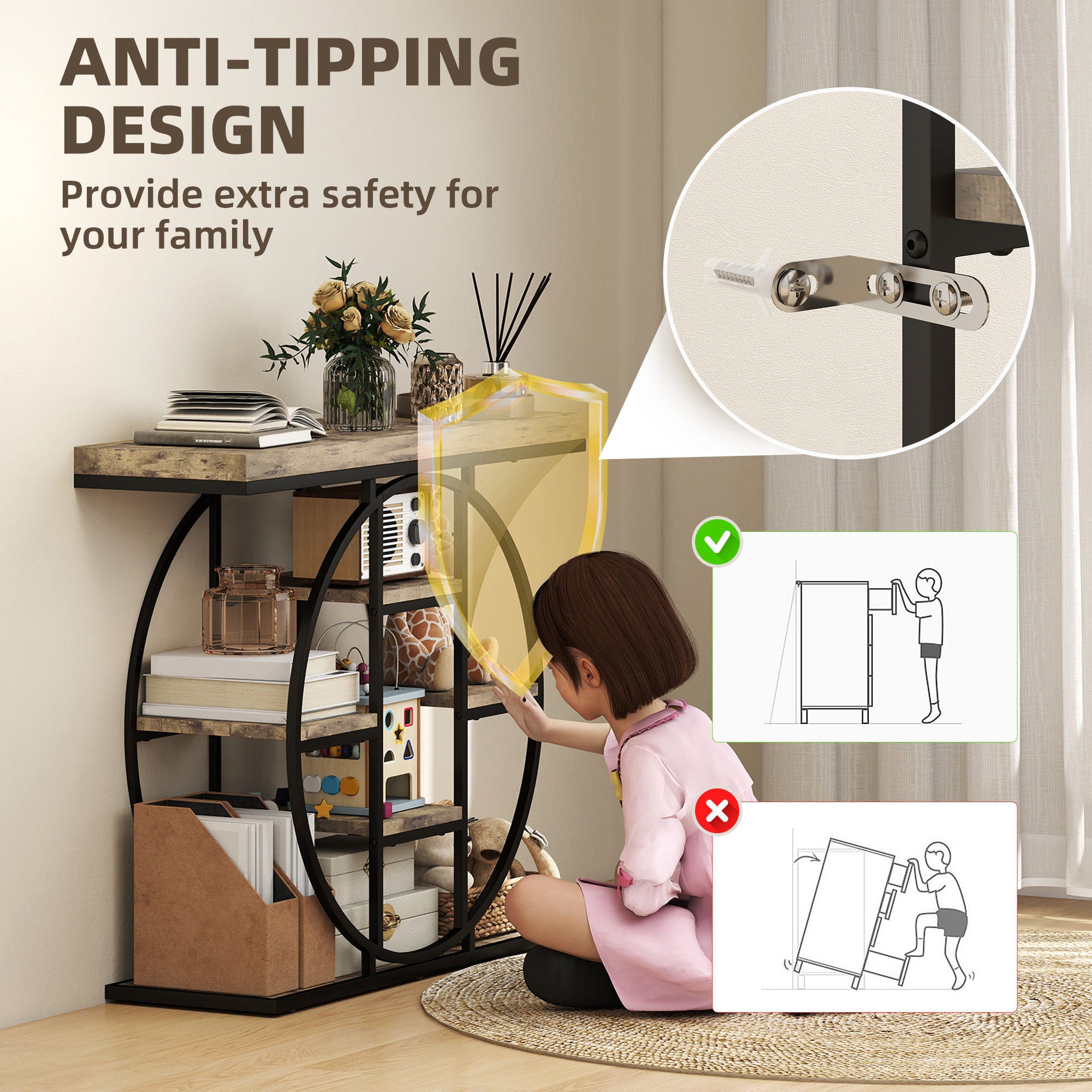 HOMCOM Industrial Console Table with Storage Shelves - Rustic Brown