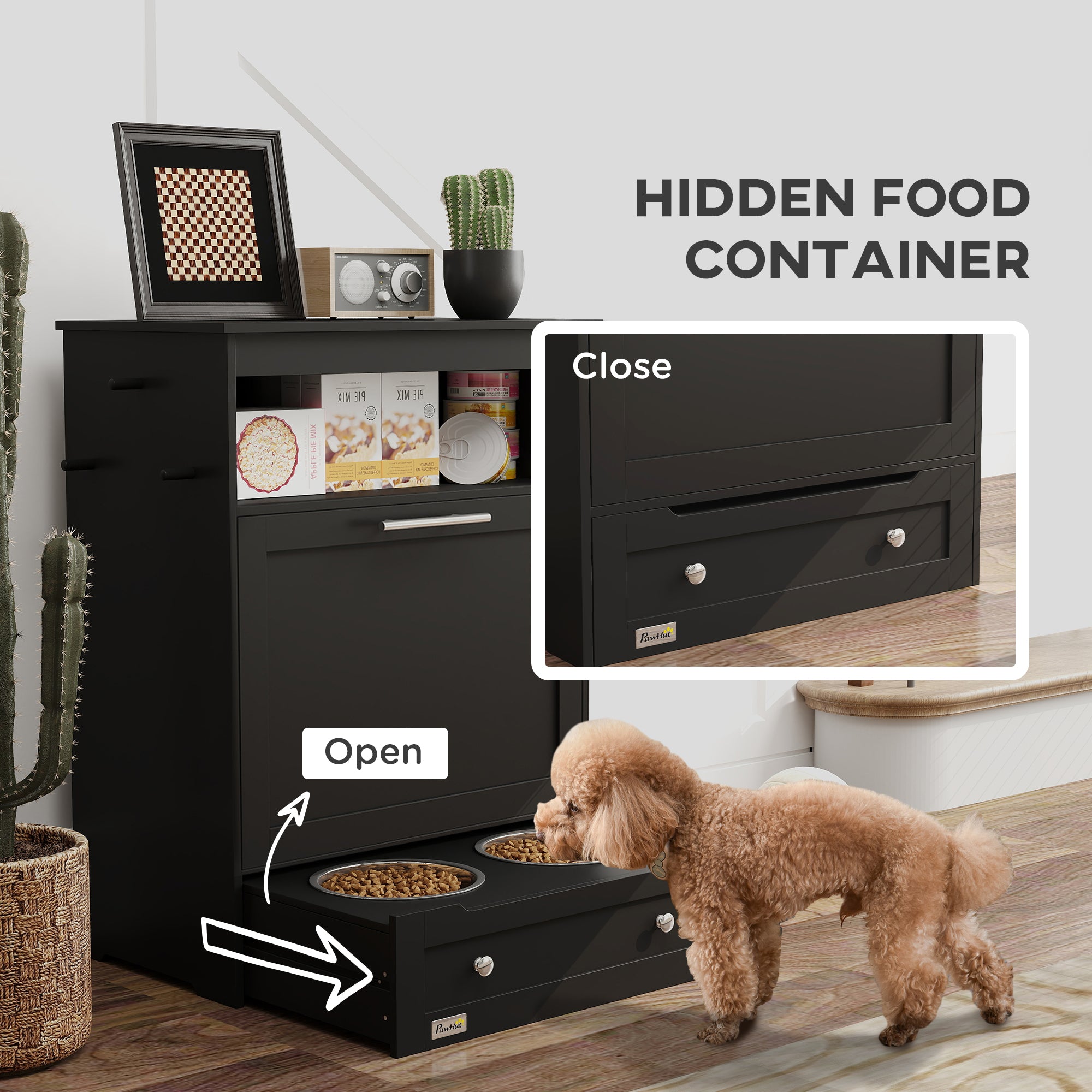 PawHut Pet Feeder Station, Dog, Cat Storage Container, with Raised Bowls, Hanger, Cabinet - Black - North Peak Garden Furniture