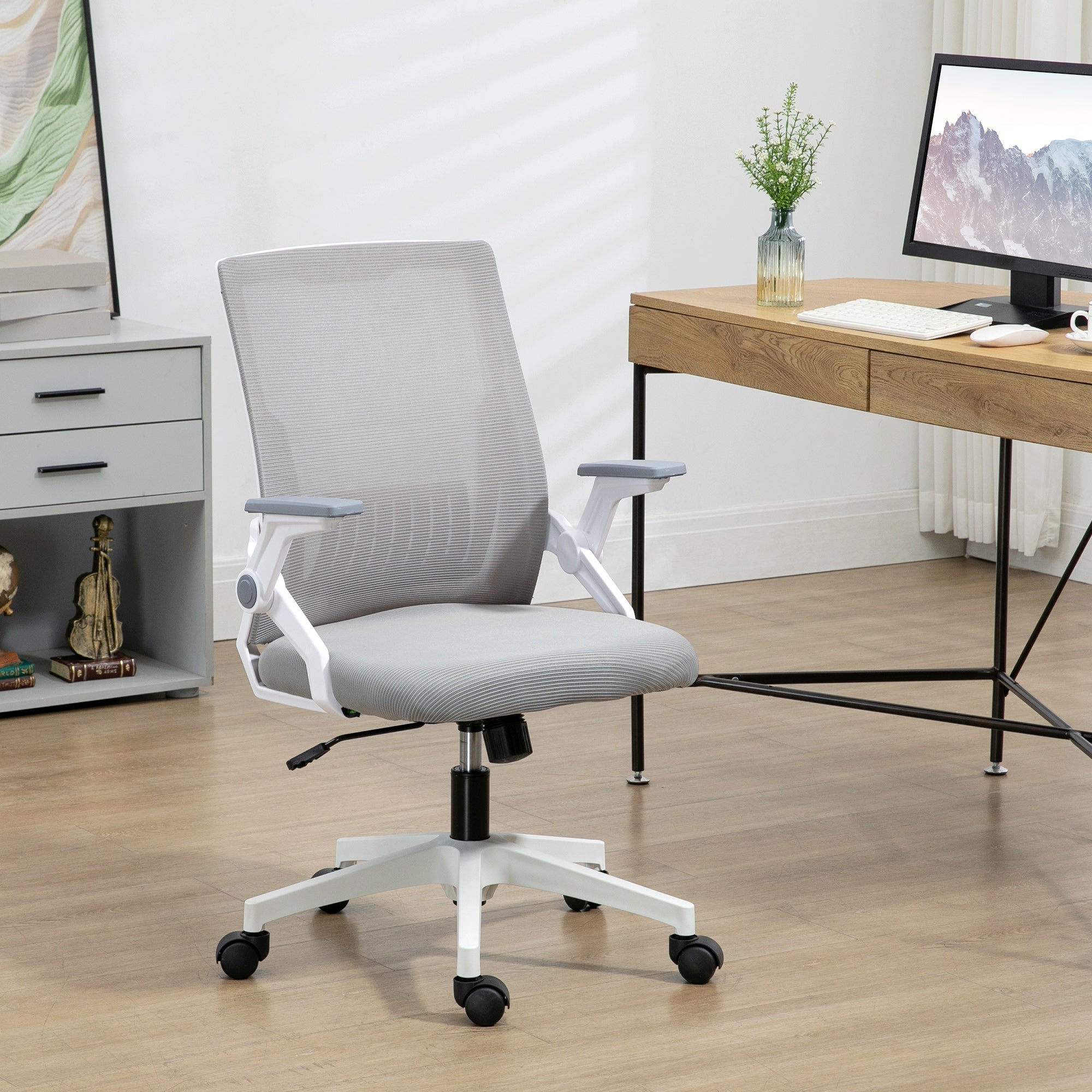 Vinsetto Mesh Office Chair, Desk Chair with Lumbar Support, Flip-up Armrest, Swivel Wheels, Adjustable Height, Grey - North Peak Garden Furniture