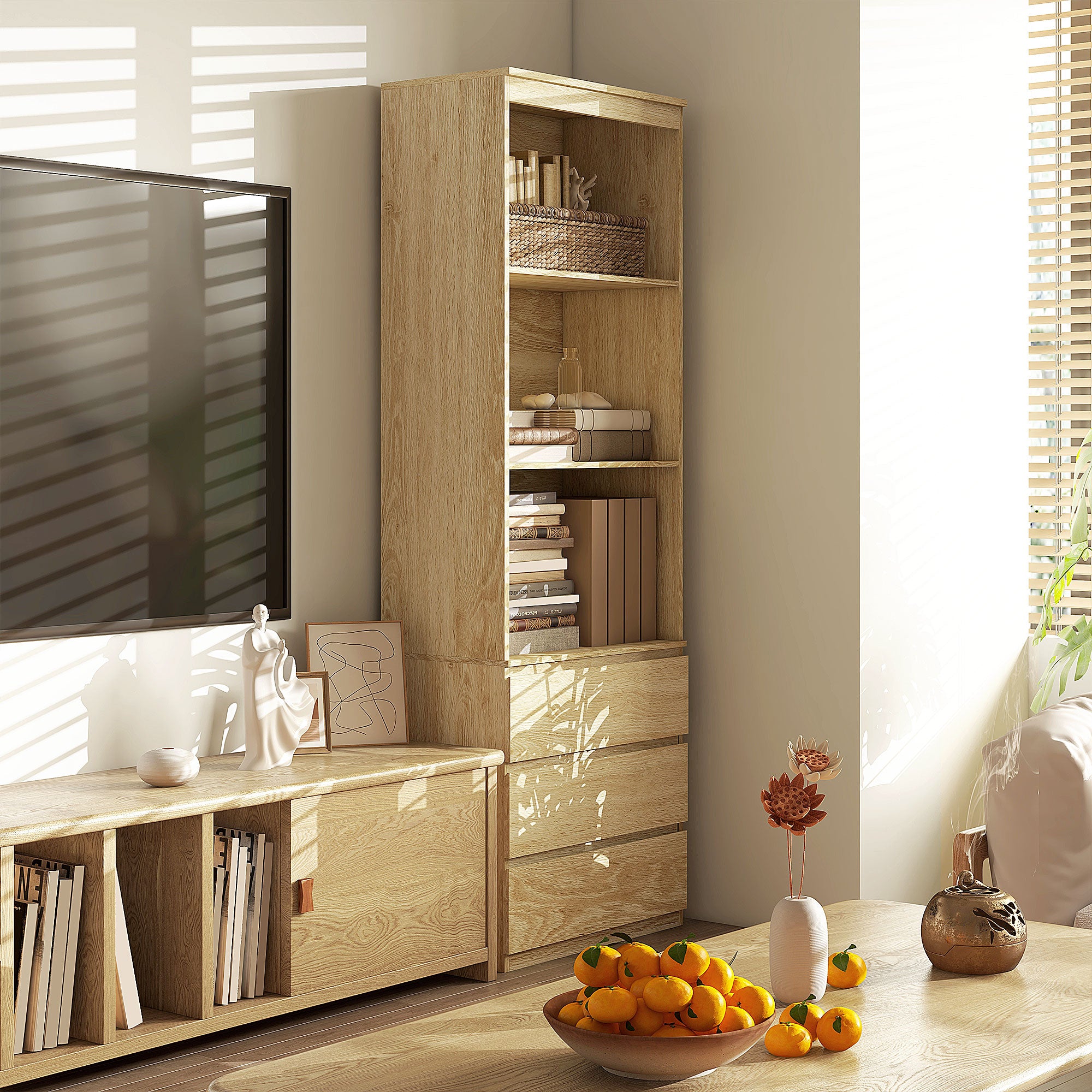 HOMCOM 180cm Tall Bookcase, with Shelves and Drawers - Wood Effect - North Peak Garden Furniture