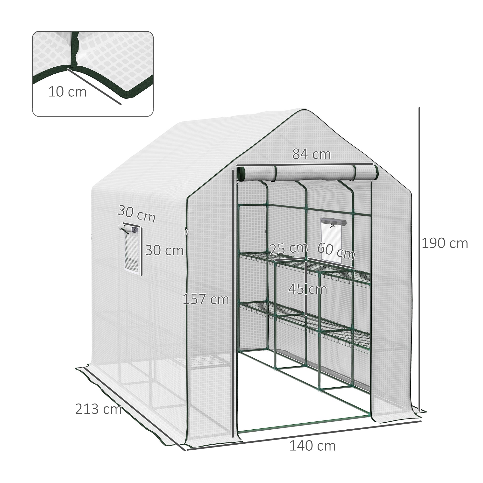Outsunny Walk-in Greenhouse with 3 Tier Shelves, Outdoor Green House Garden Grow House with Reinforced PE Cover, Roll-up Door and Mesh Windows, 140 x 213 x 190cm, White - North Peak Garden Furniture