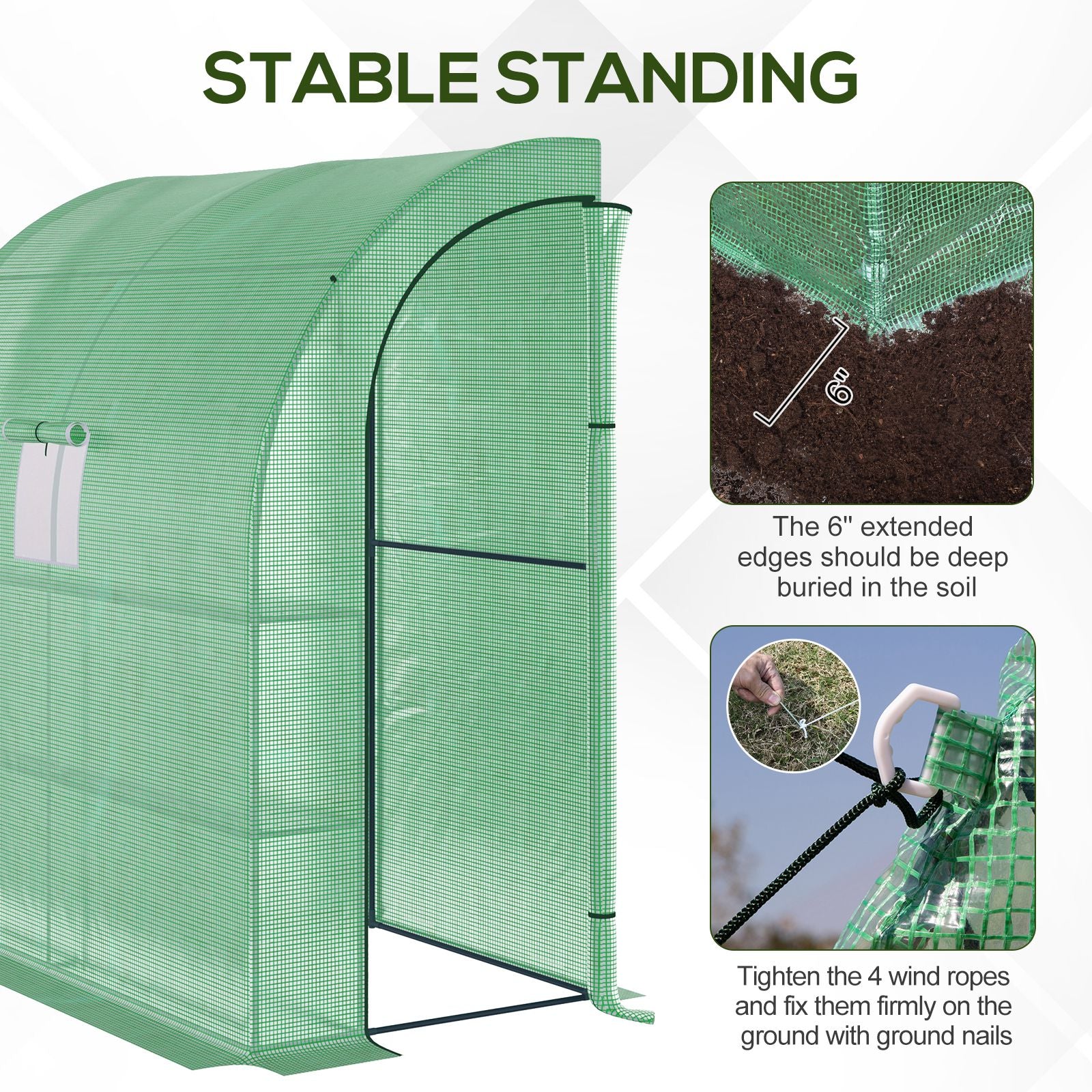 Outsunny Walk-In Lean to Wall Greenhouse with Windows and Doors, Outdoor Green House with 3 Tiers 4 Wired Shelves, 200L x 100W x 215Hcm, Green - North Peak Garden Furniture