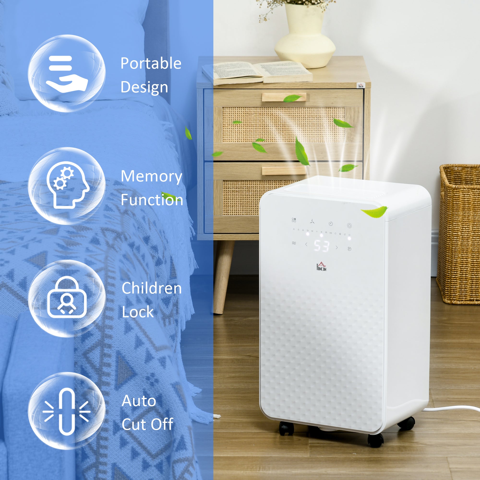 HOMCOM 2000mL Portable Dehumidifier with Air Purifier, 24H Timer, 5 Modes, 12L/Day, for Home Laundry, White - North Peak Garden Furniture