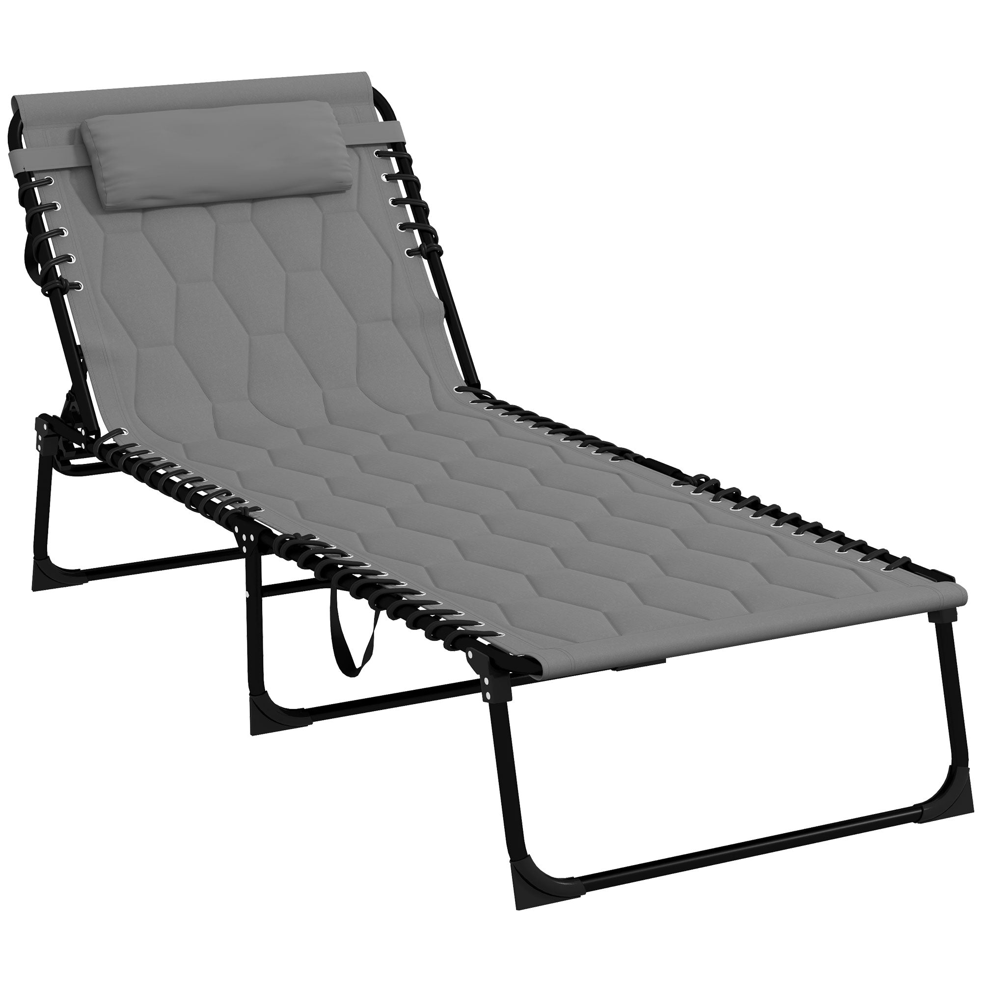 Outsunny Foldable Sun Lounger with 5-level Reclining Back, Outdoor Tanning Chair Sun Lounger with Build-in Padded Seat, Side Pocket, Headrest for Beach, Yard, Patio, Grey - North Peak Garden Furniture