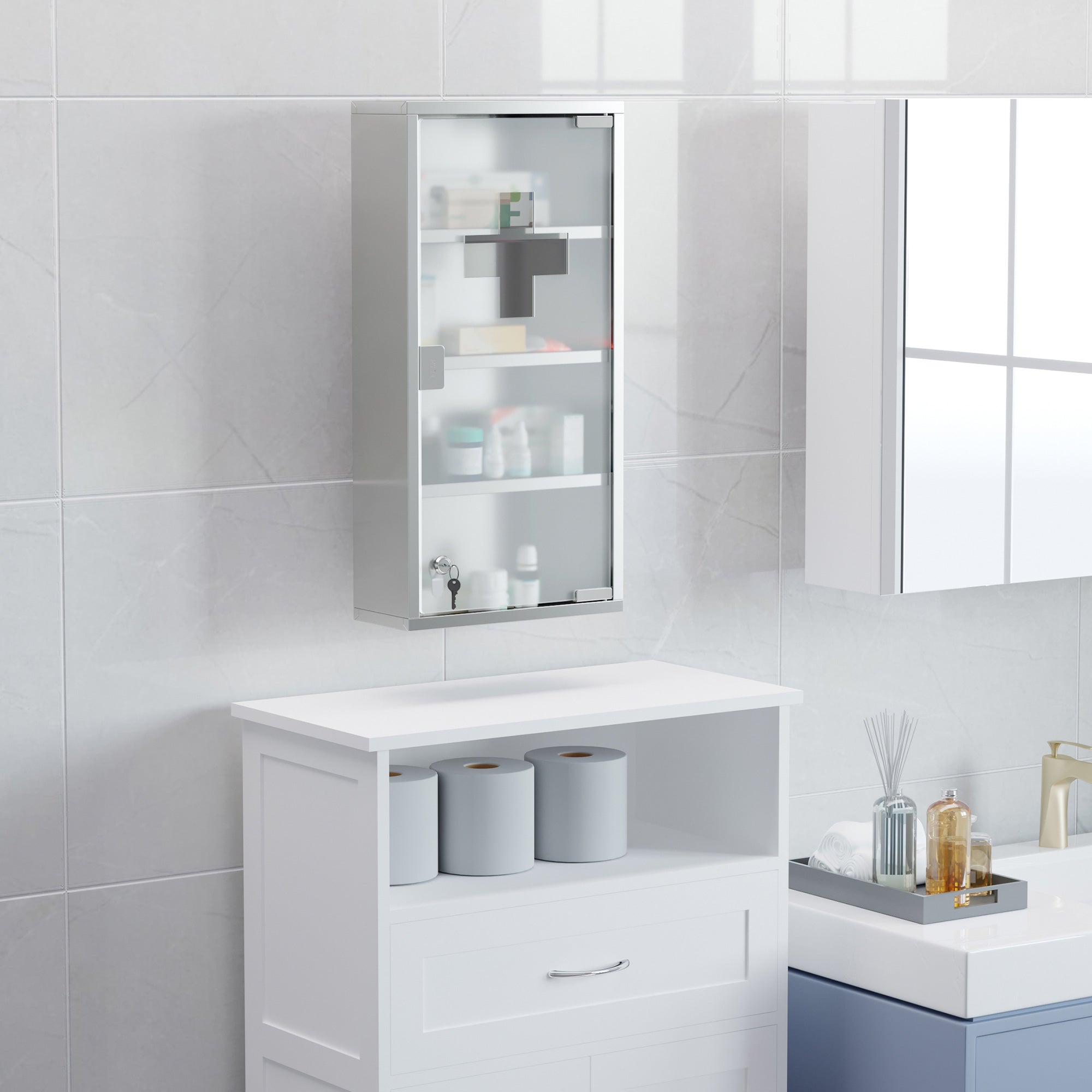 HOMCOM 4 Tier Stainless Steel Wall Mounted Medicine Cabinet Glass Lockable Door Storage Shelves Houseware Bathroom Furniture 60Hx30Wx12D(cm) w/2 Keys - North Peak Garden Furniture