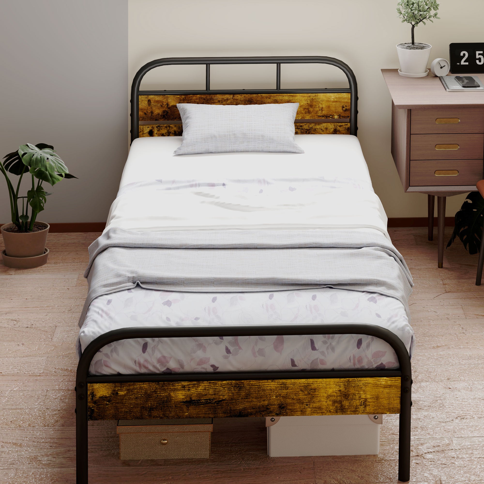 HOMCOM Industrial-Style Single Bed Frame - Black/Brown - North Peak Garden Furniture