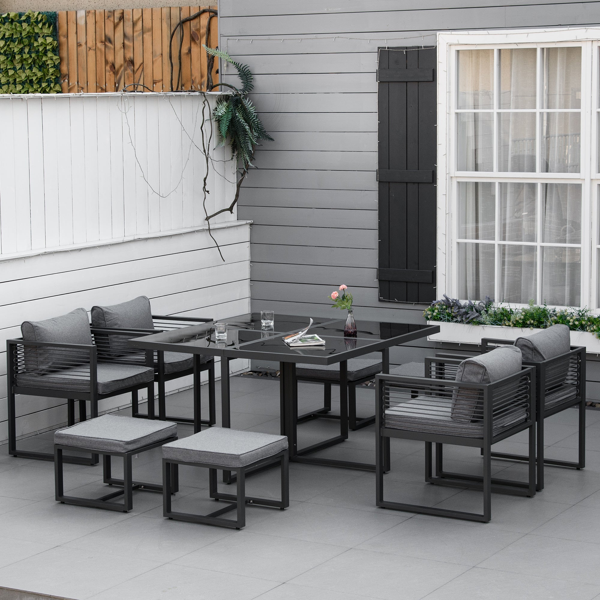 Outsunny Nine-Piece Aluminium Garden Set, with Glass-Top Table - Grey - North Peak Garden Furniture