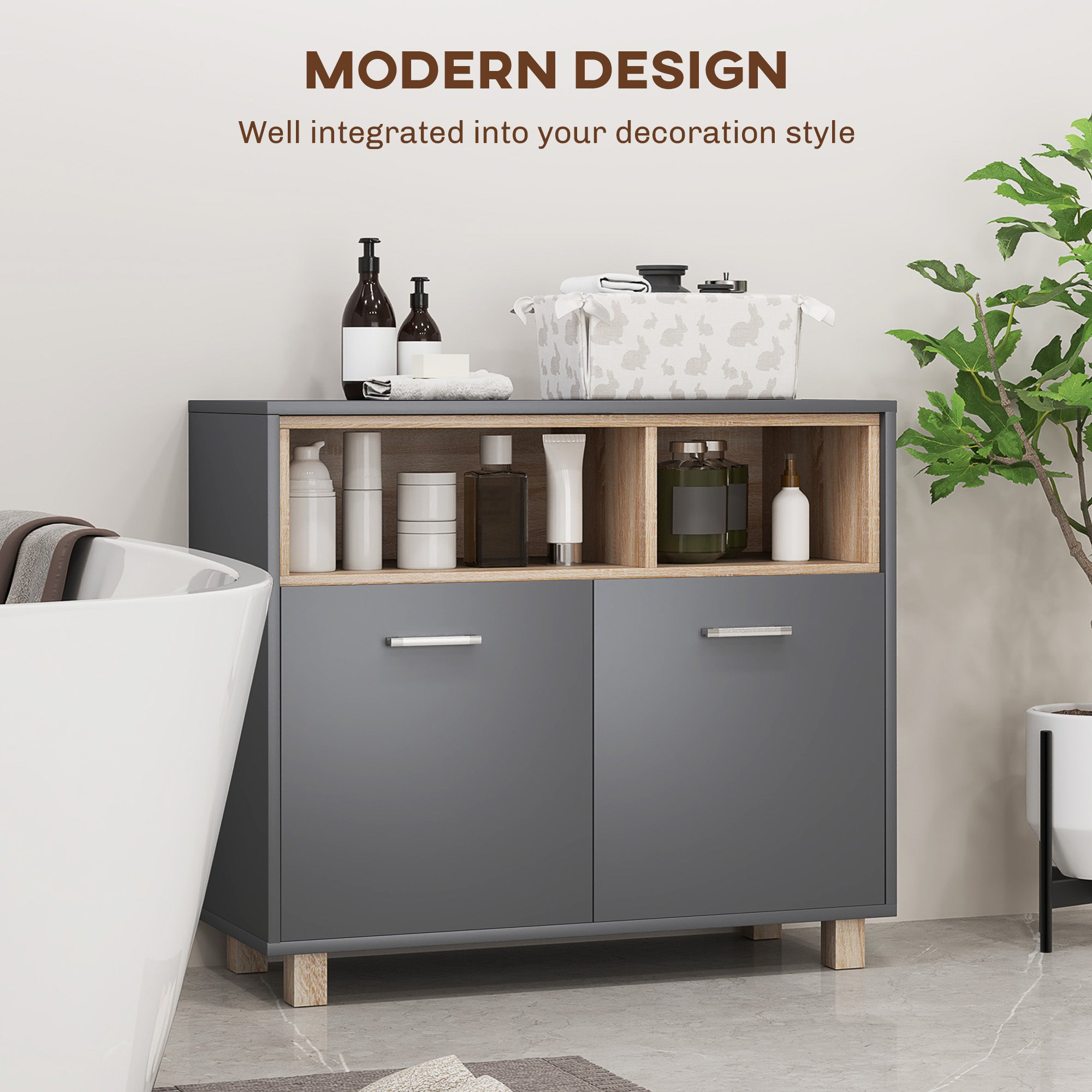 HOMCOM Freestanding Bathroom Cabinet, Bathroom Storage Unit, Bathroom Storage Cabinet with Open Compartments and Double Doors - North Peak Garden Furniture